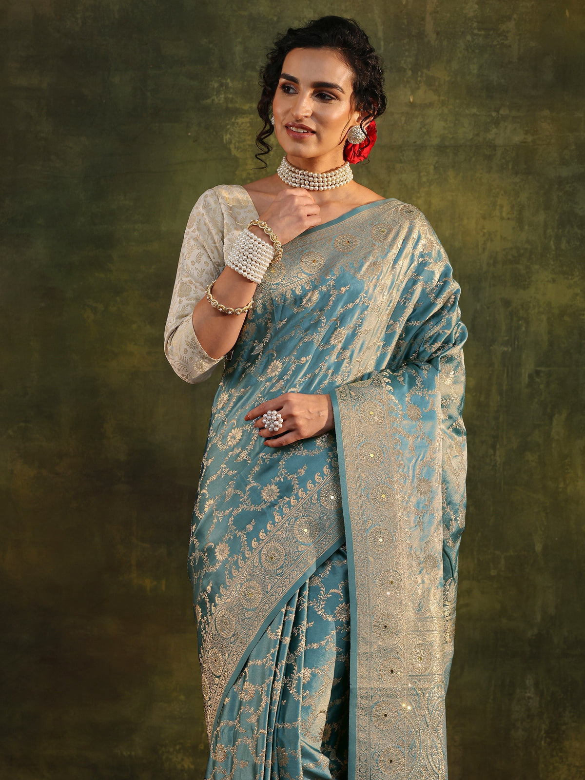 Anouk Blue Woven Design Satin Banarasi Saree With Unstitched Blouse Piece