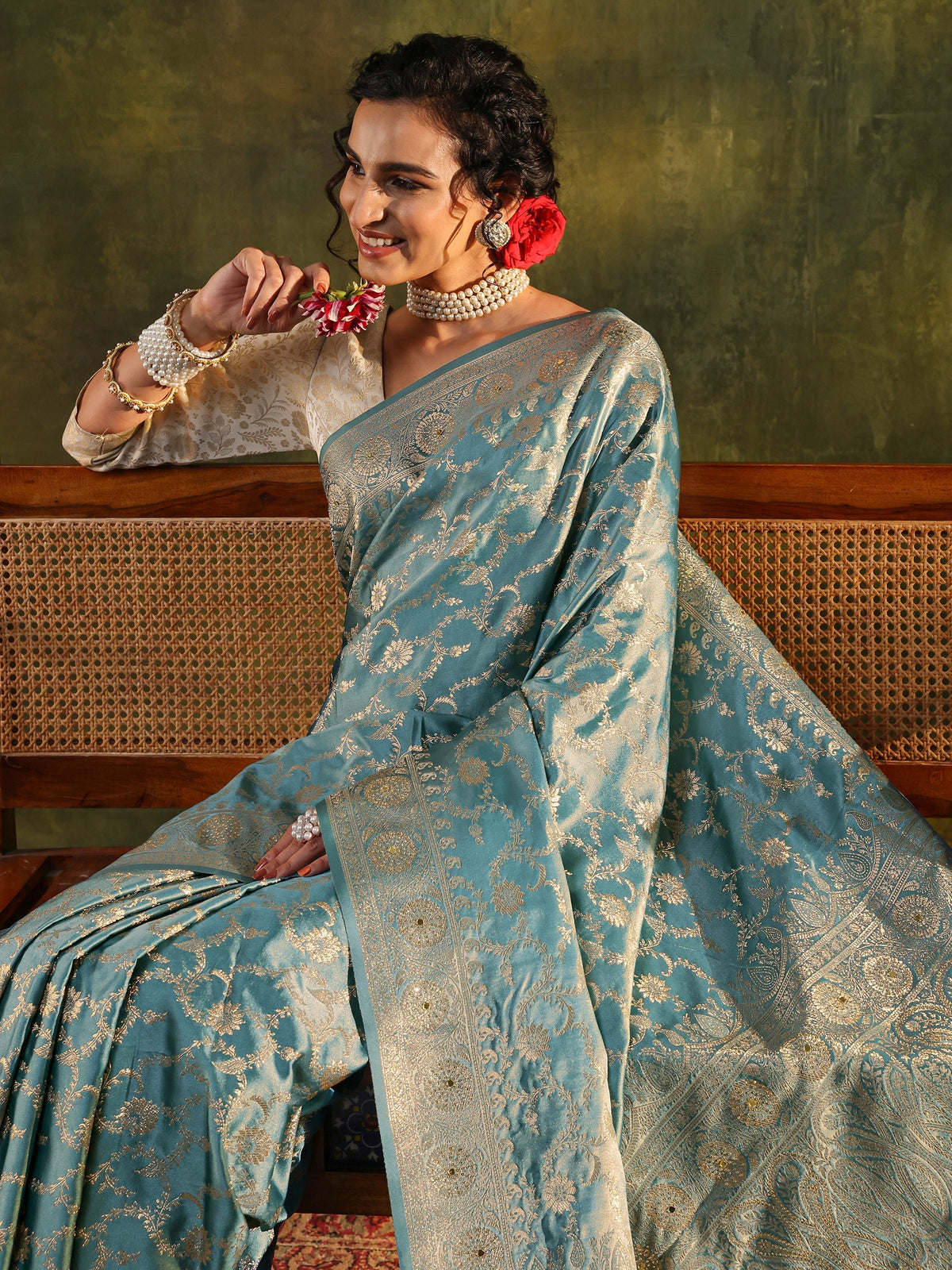 Anouk Blue Woven Design Satin Banarasi Saree With Unstitched Blouse Piece