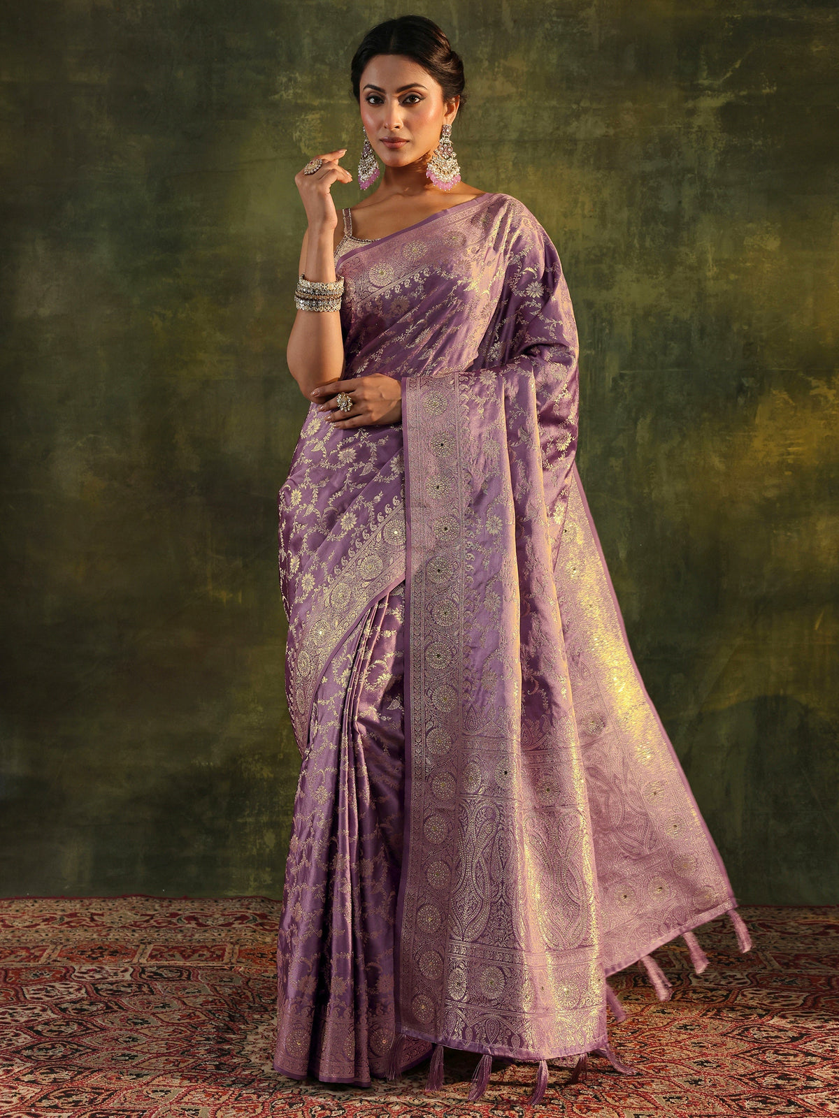 Anouk Purple Banarasi Satin Saree With Unstitched Blouse Piece