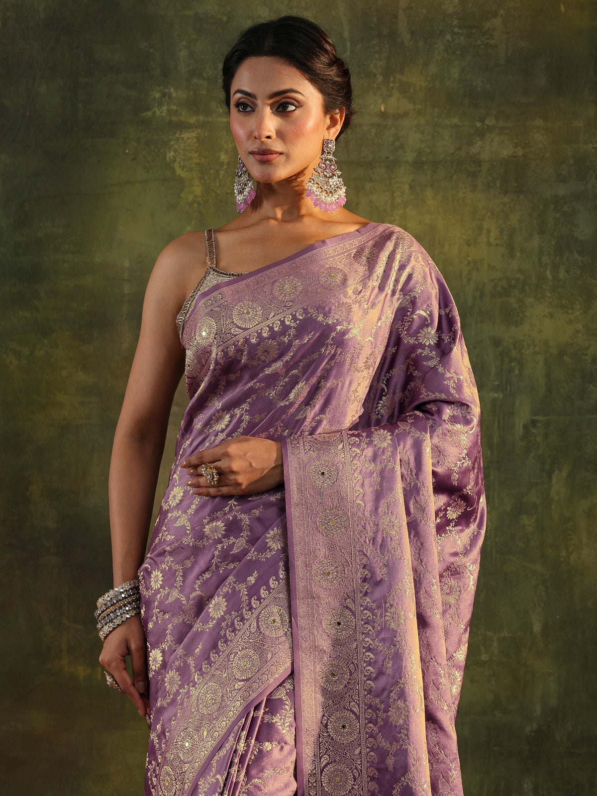 Anouk Purple Banarasi Satin Saree With Unstitched Blouse Piece