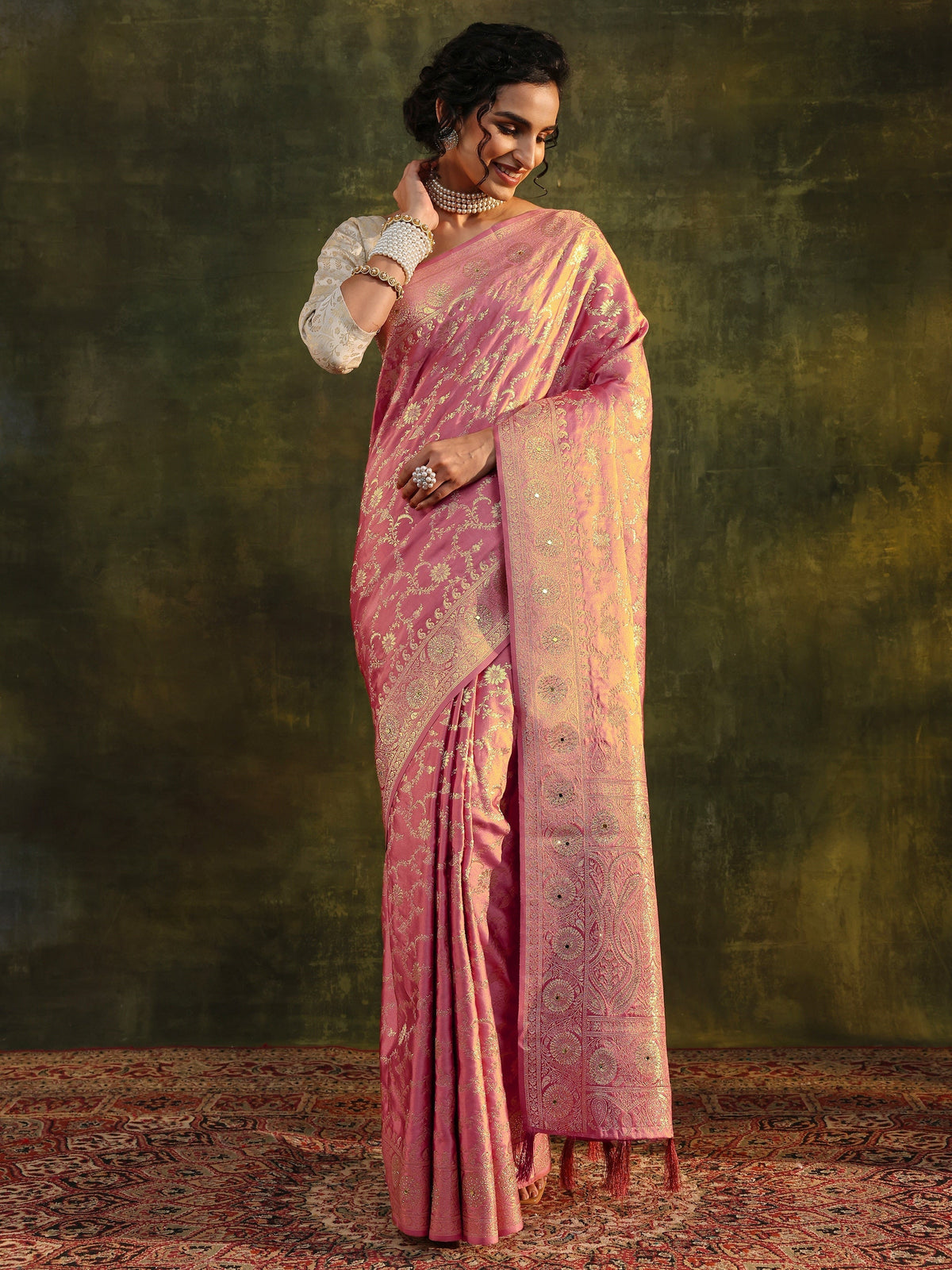 Anouk Peach Woven Design Satin Banarasi Saree With Unstitched Blouse Piece
