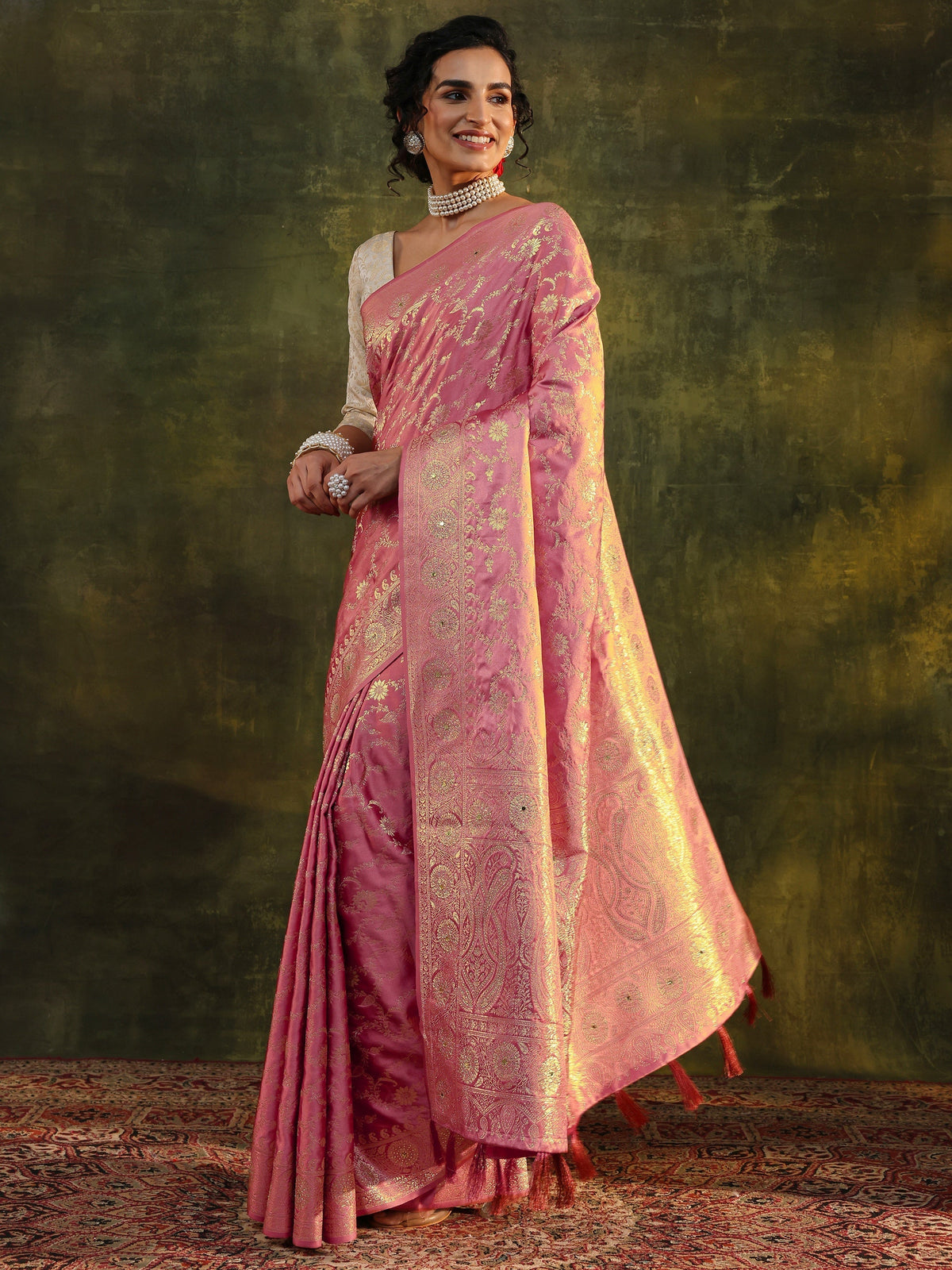 Anouk Peach Woven Design Satin Banarasi Saree With Unstitched Blouse Piece