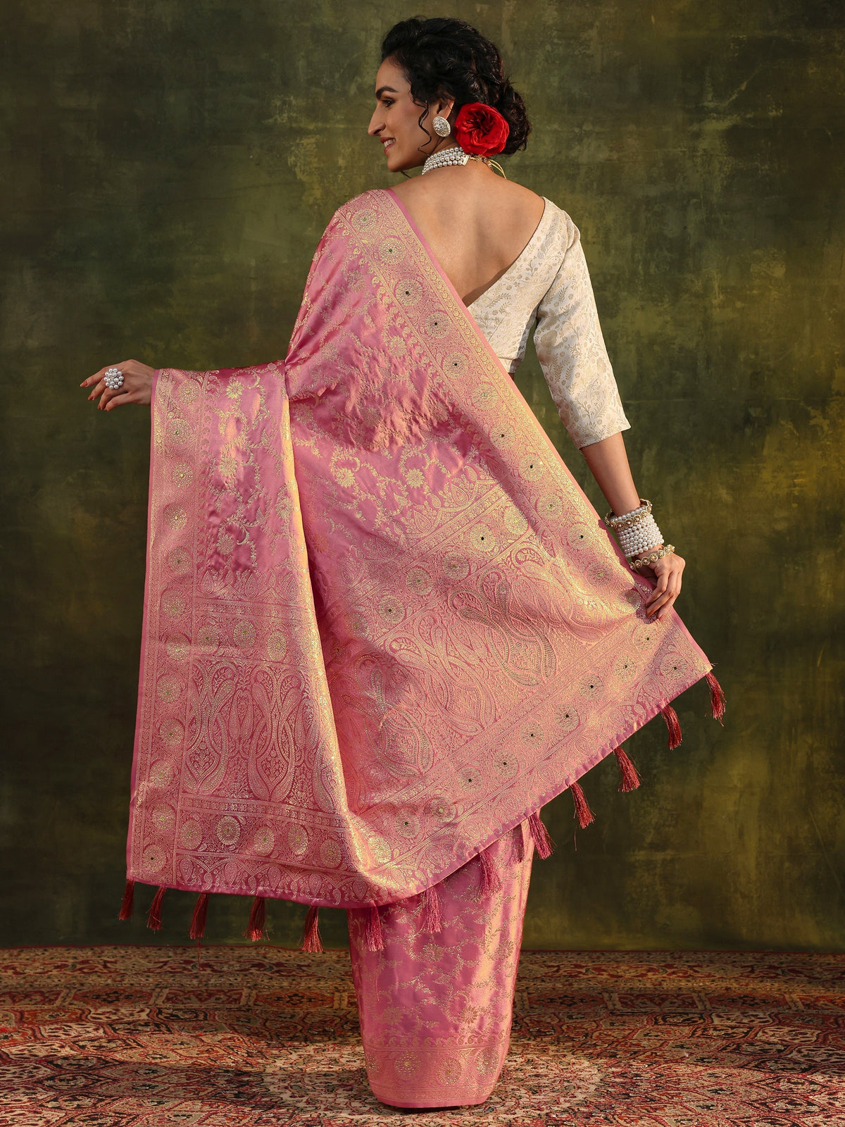 Anouk Peach Woven Design Satin Banarasi Saree With Unstitched Blouse Piece