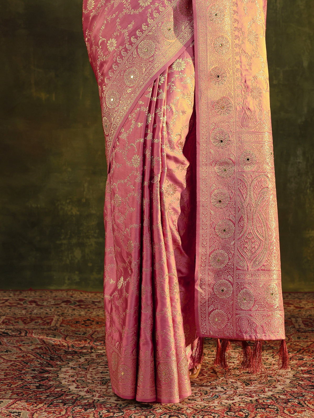 Anouk Peach Woven Design Satin Banarasi Saree With Unstitched Blouse Piece
