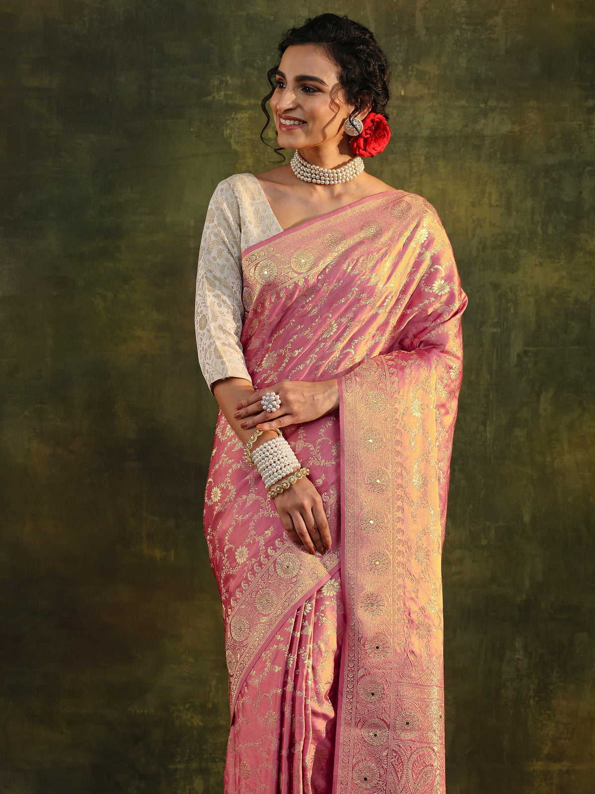 Anouk Peach Woven Design Satin Banarasi Saree With Unstitched Blouse Piece