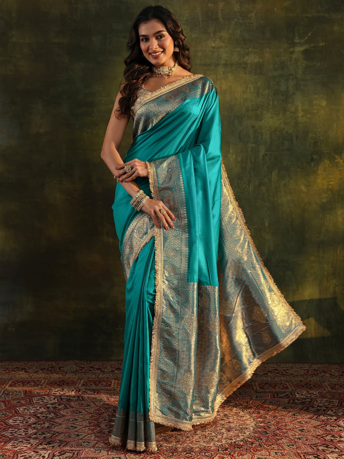 Anouk Blue Embellished Silk Blend Saree With Unstitched Blouse Piece