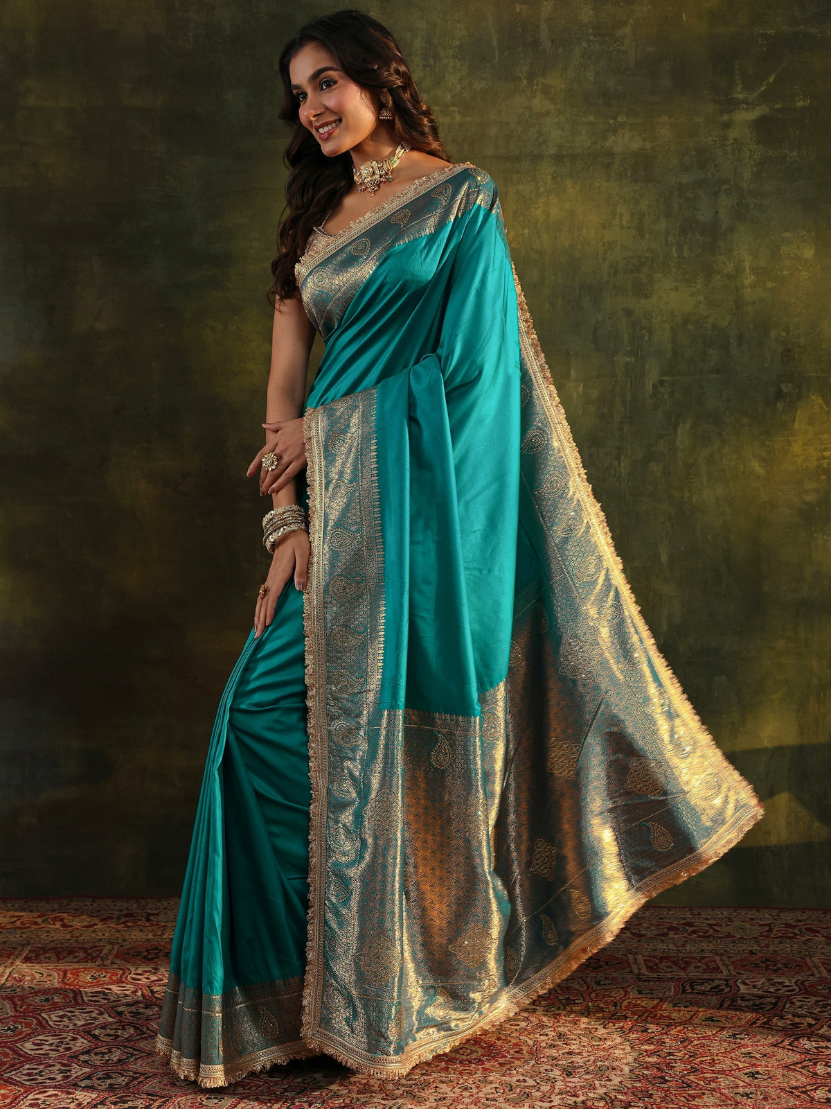 Anouk Blue Embellished Silk Blend Saree With Unstitched Blouse Piece