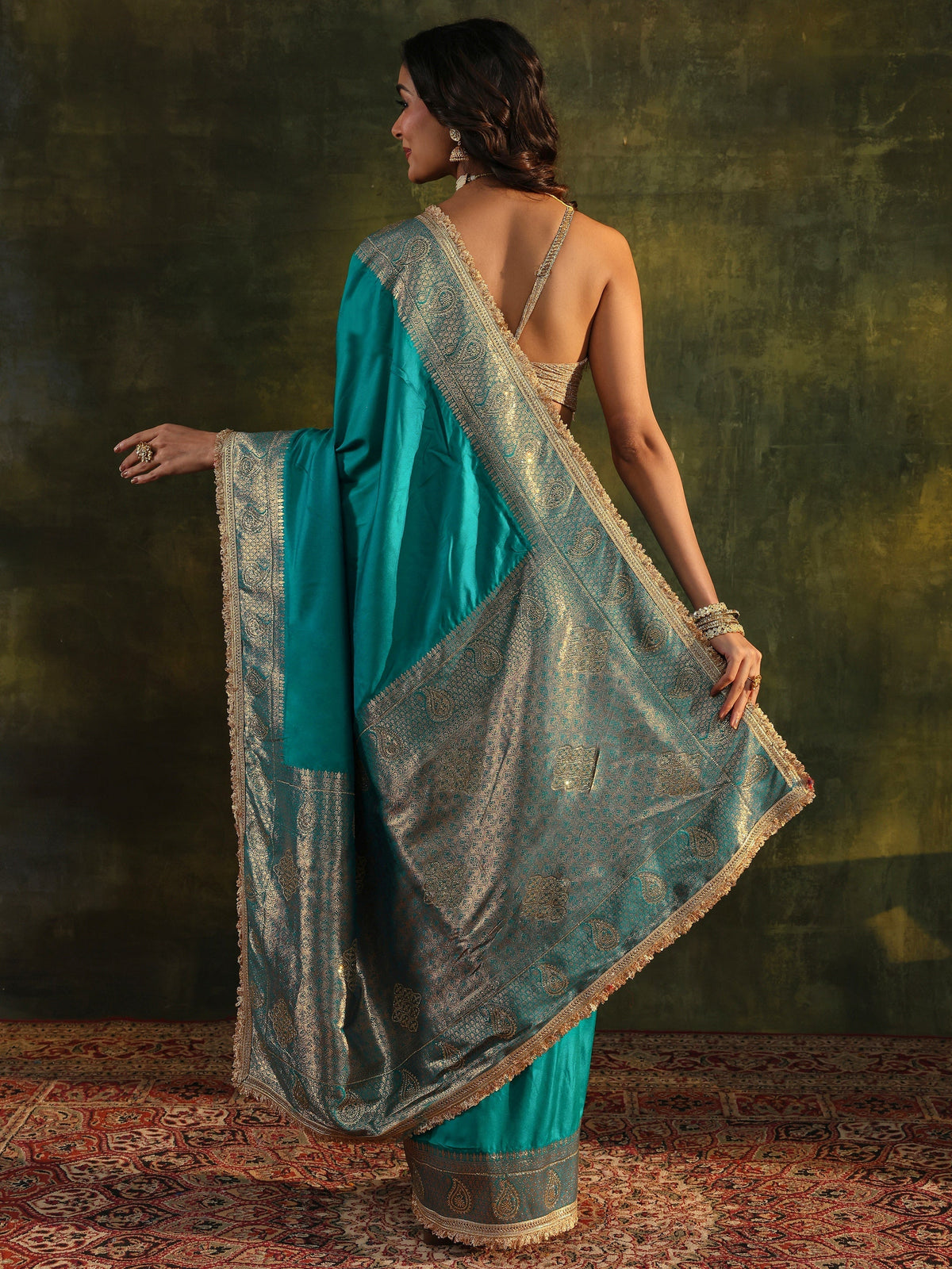 Anouk Blue Embellished Silk Blend Saree With Unstitched Blouse Piece