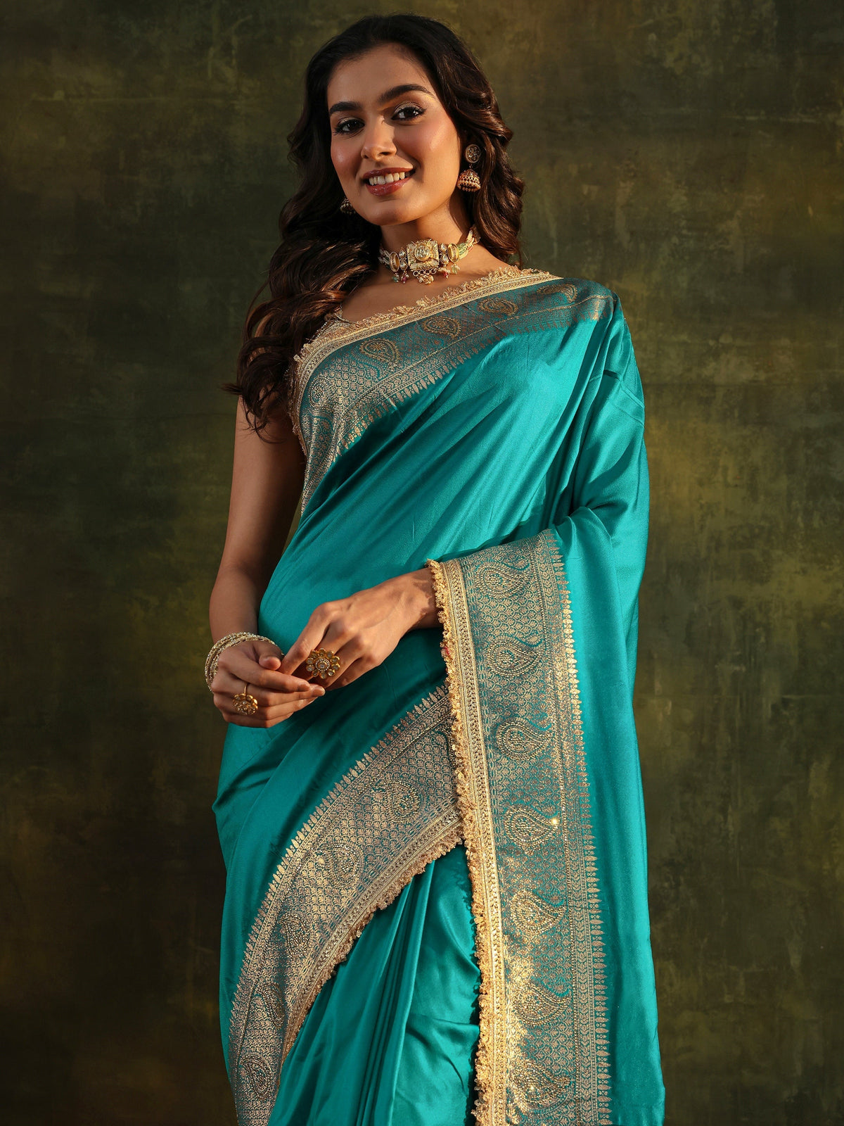 Anouk Blue Embellished Silk Blend Saree With Unstitched Blouse Piece