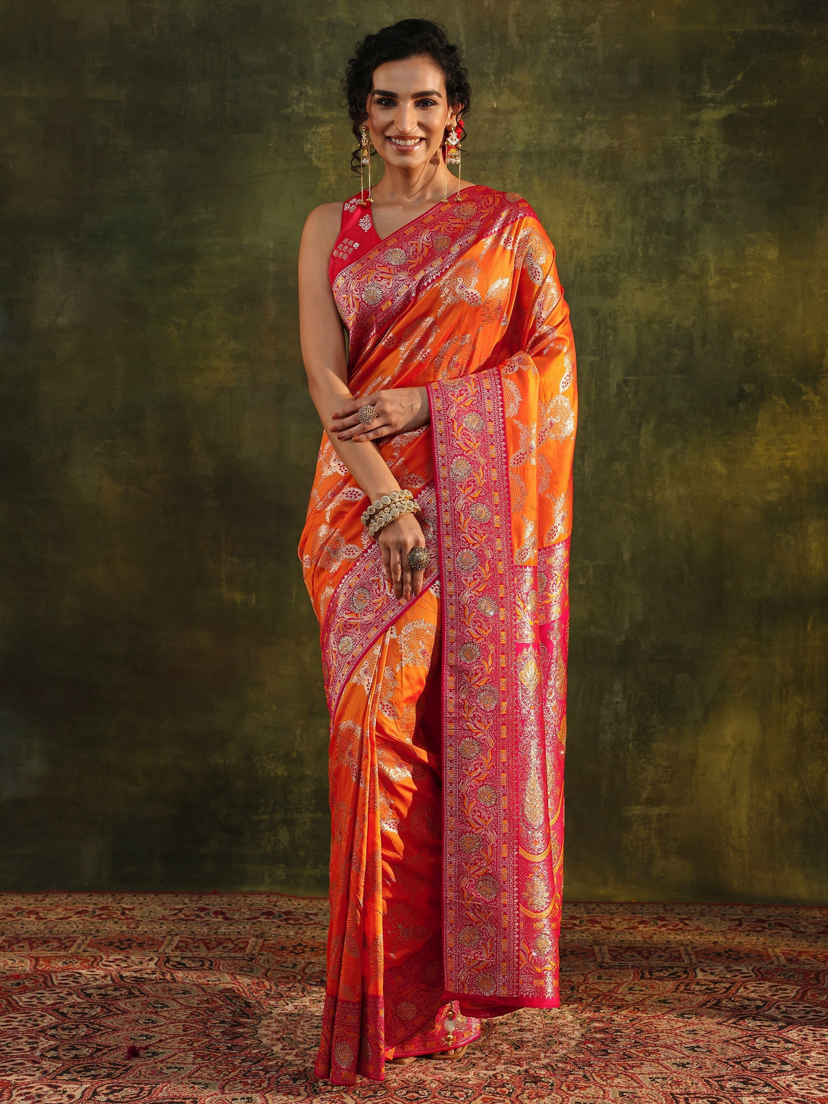 Anouk Mustard Woven Design Silk Blend Banarasi Saree With Unstitched Blouse Piece