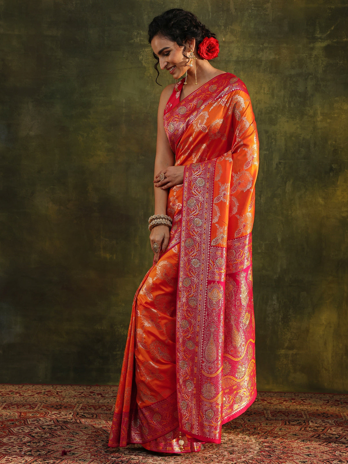Anouk Mustard Woven Design Silk Blend Banarasi Saree With Unstitched Blouse Piece
