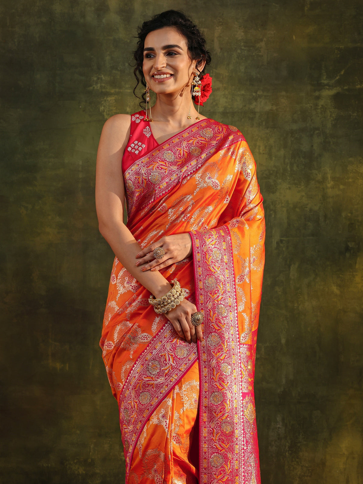 Anouk Mustard Woven Design Silk Blend Banarasi Saree With Unstitched Blouse Piece