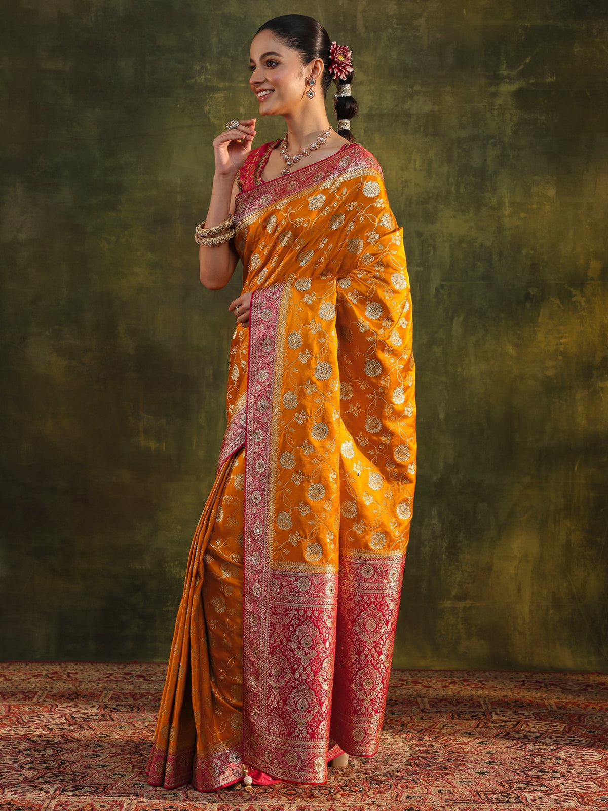 Anouk Art Mustard Woven Design Silk Blend Banarasi Saree With Unstitched Blouse Piece