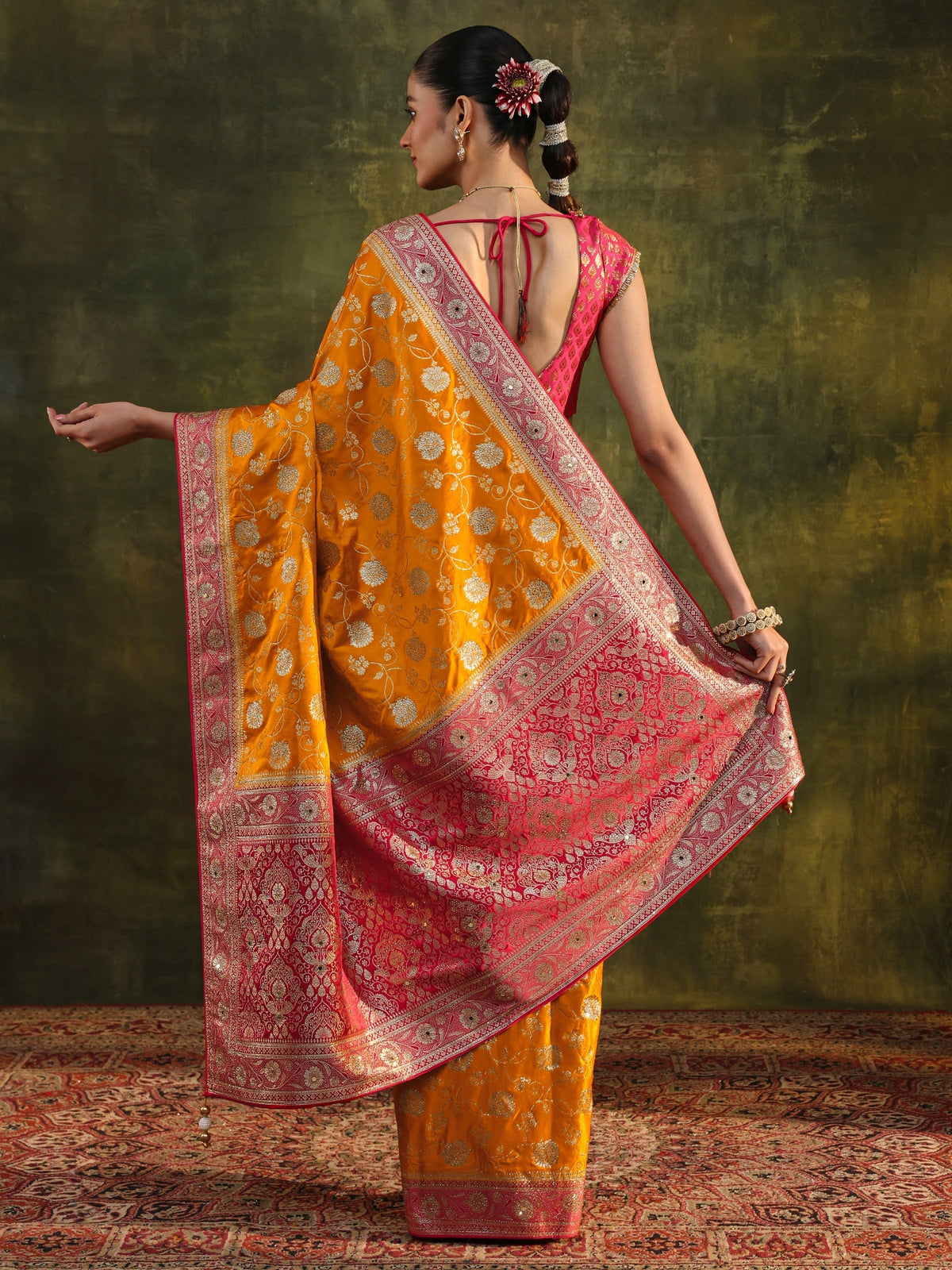 Anouk Art Mustard Woven Design Silk Blend Banarasi Saree With Unstitched Blouse Piece