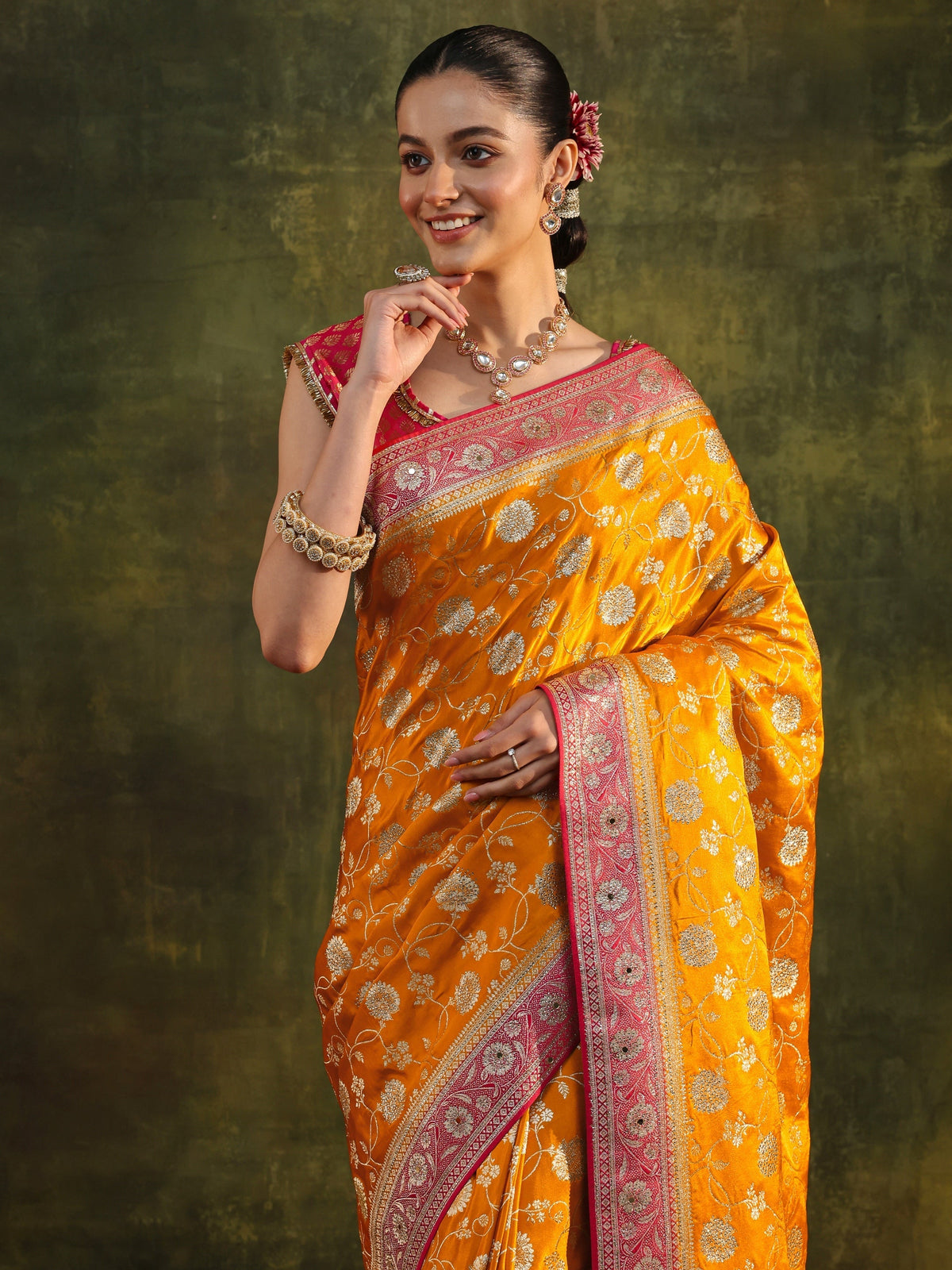 Anouk Art Mustard Woven Design Silk Blend Banarasi Saree With Unstitched Blouse Piece