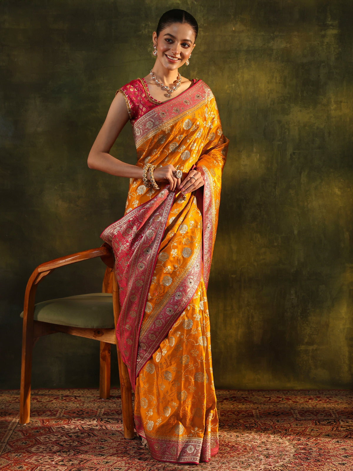 Anouk Art Mustard Woven Design Silk Blend Banarasi Saree With Unstitched Blouse Piece