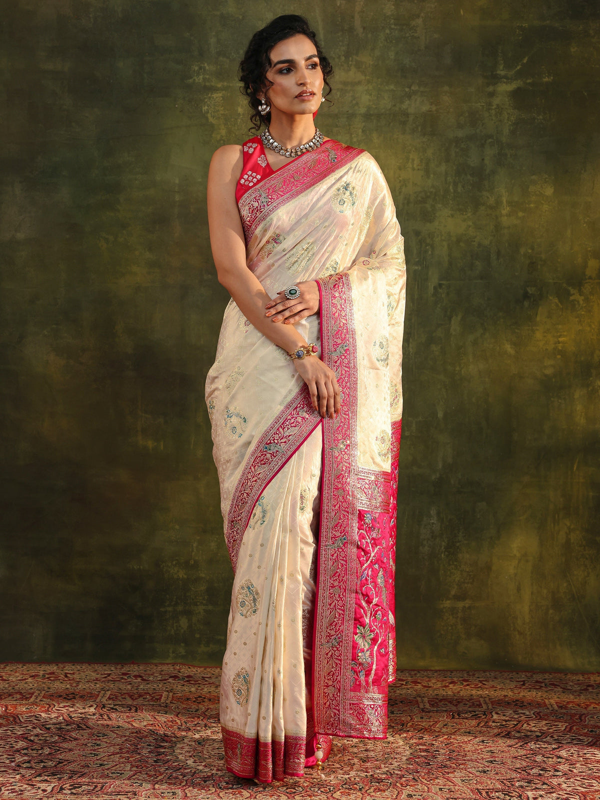 Anouk Art Off White Ethnic Woven Design Satin Saree With Unstitched Blouse Piece