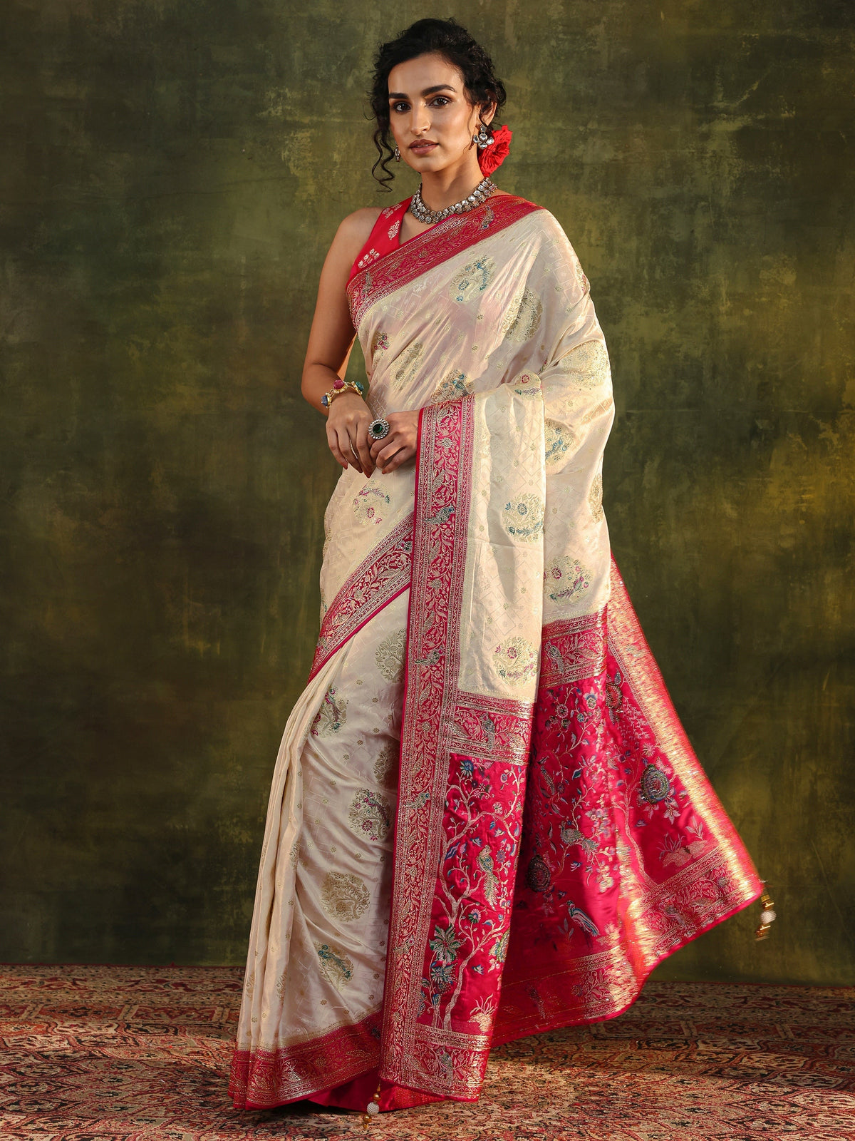 Anouk Art Off White Ethnic Woven Design Satin Saree With Unstitched Blouse Piece