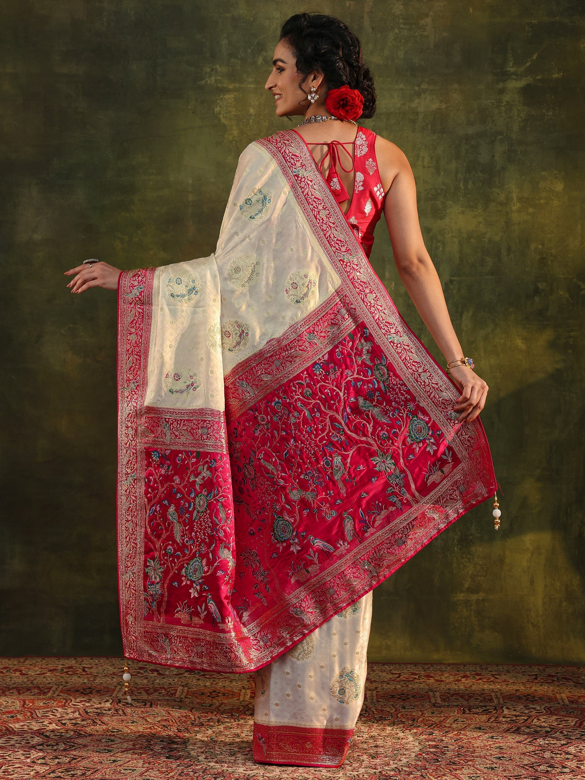 Anouk Art Off White Ethnic Woven Design Satin Saree With Unstitched Blouse Piece