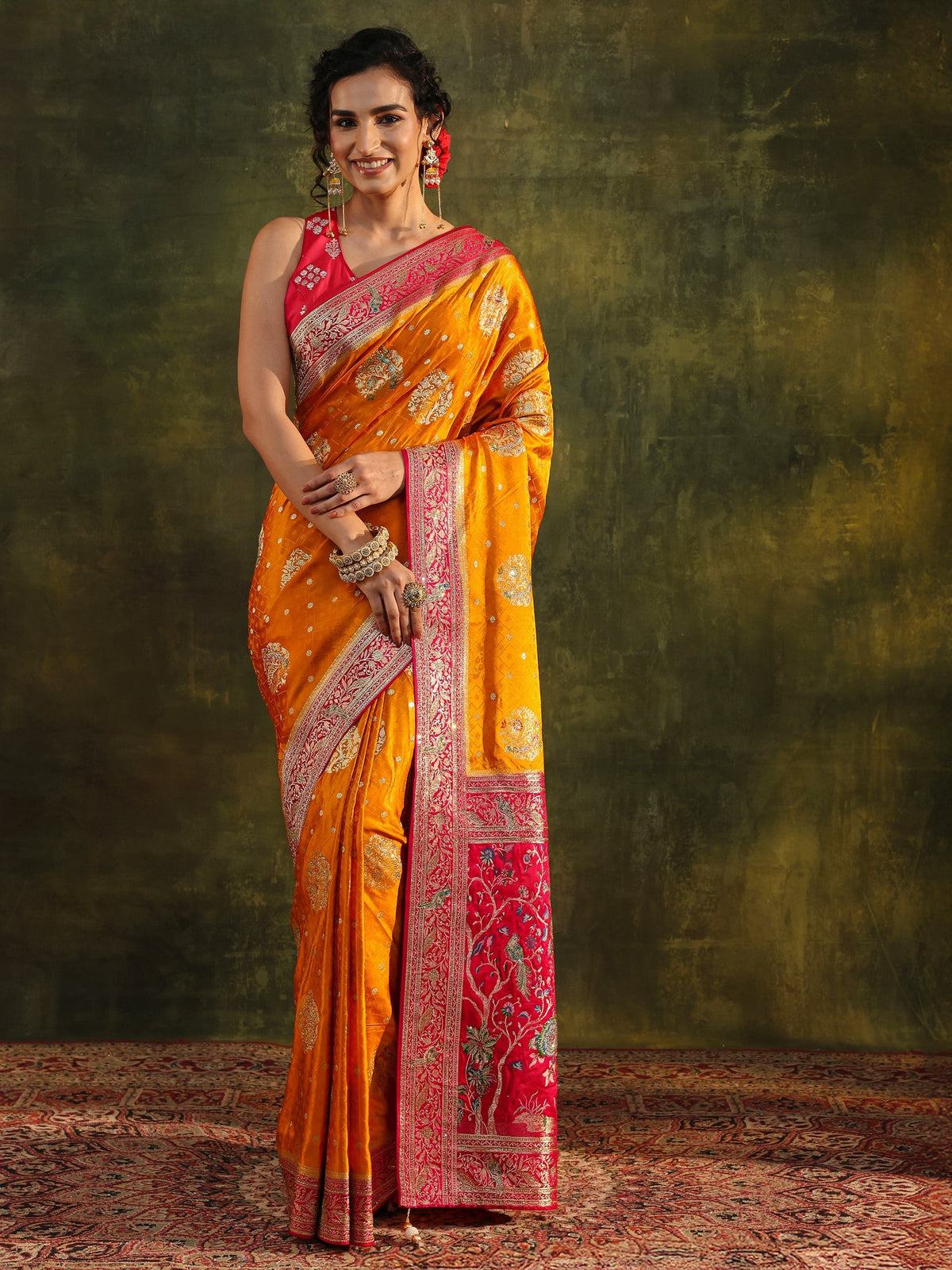 Anouk Art Mustard Ethnic Woven Design Satin Saree With Unstitched Blouse Piece
