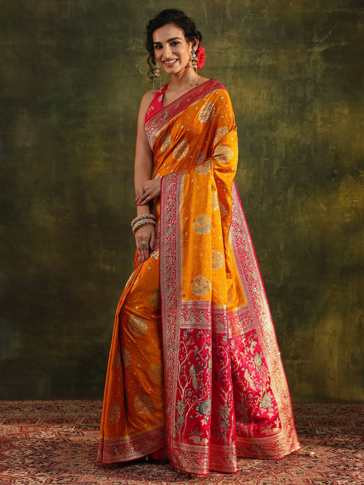 Anouk Art Mustard Ethnic Woven Design Satin Saree With Unstitched Blouse Piece