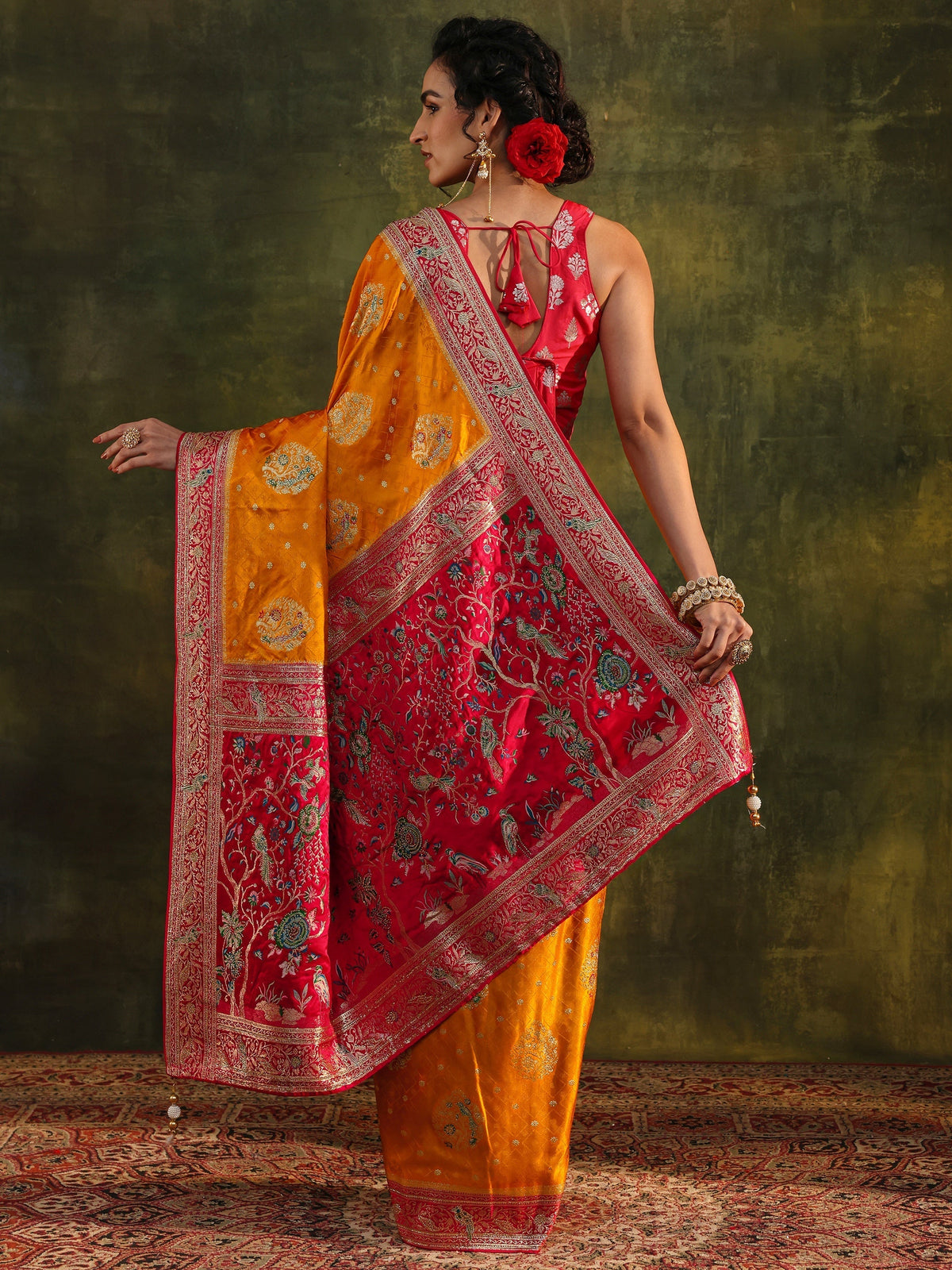 Anouk Art Mustard Ethnic Woven Design Satin Saree With Unstitched Blouse Piece