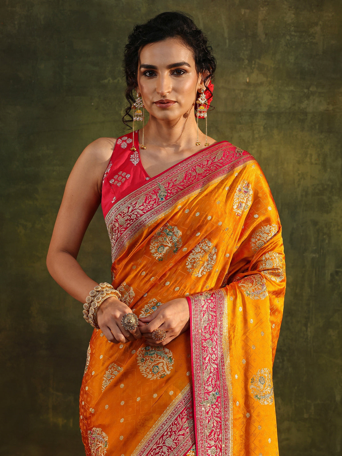 Anouk Art Mustard Ethnic Woven Design Satin Saree With Unstitched Blouse Piece
