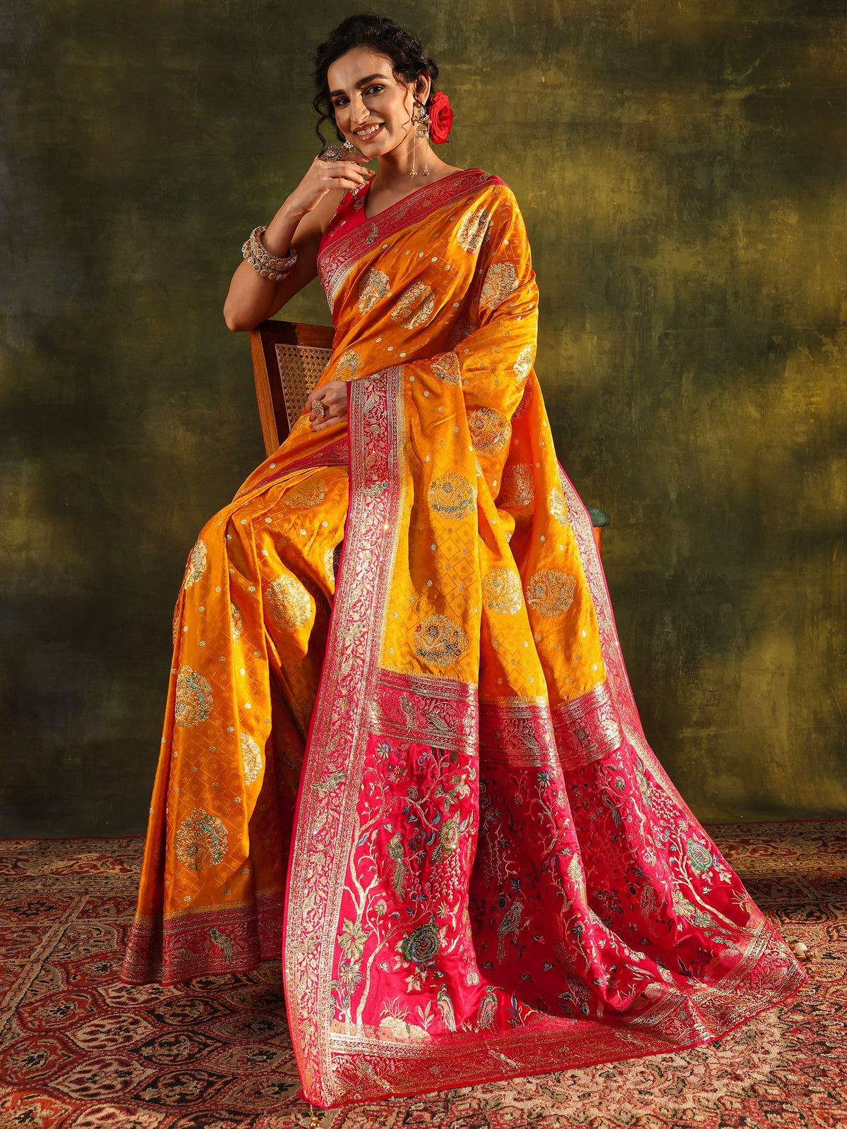 Anouk Art Mustard Ethnic Woven Design Satin Saree With Unstitched Blouse Piece