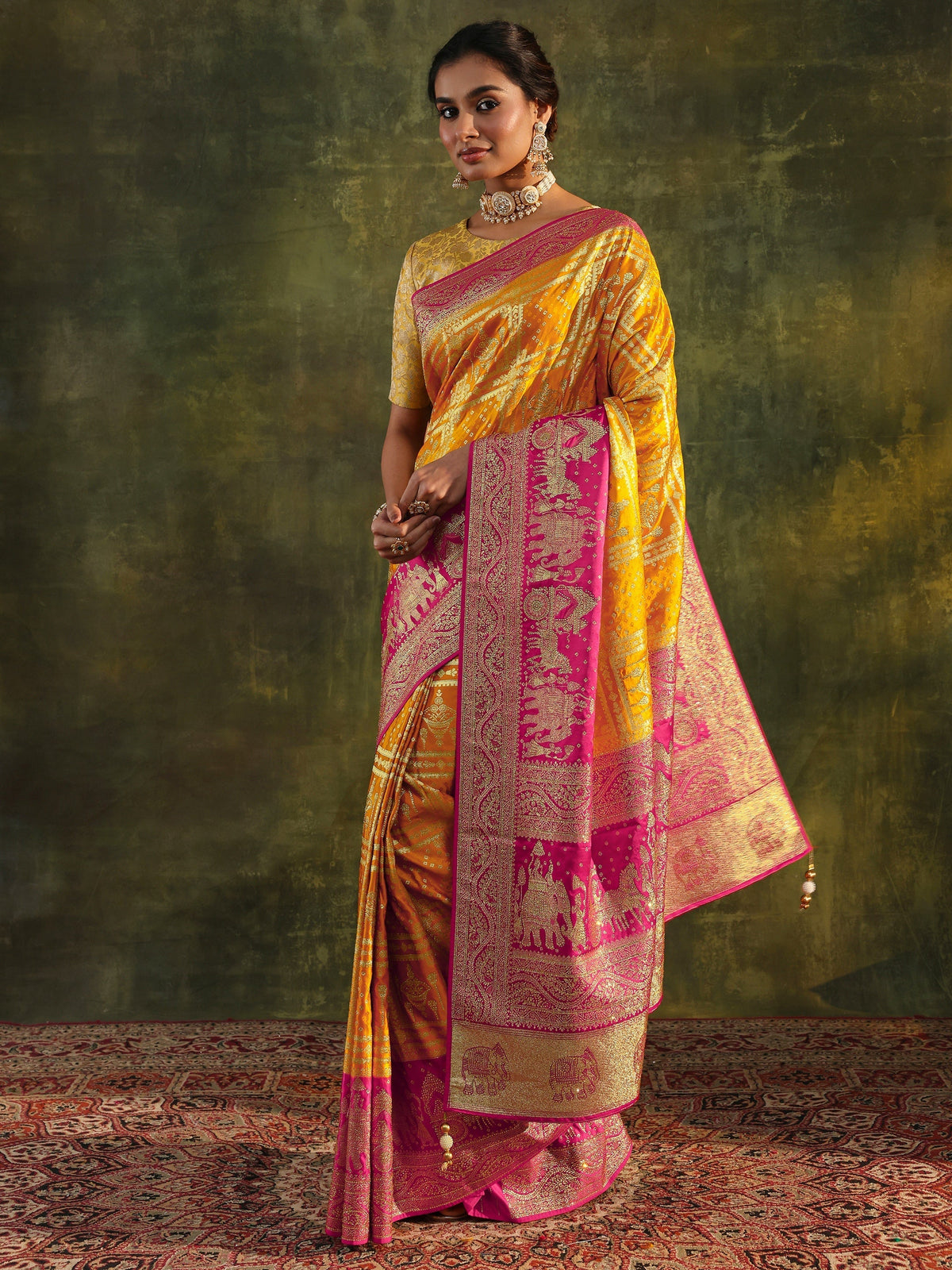 Anouk Art Mustard Embellished Satin Saree With Unstitched Blouse Piece