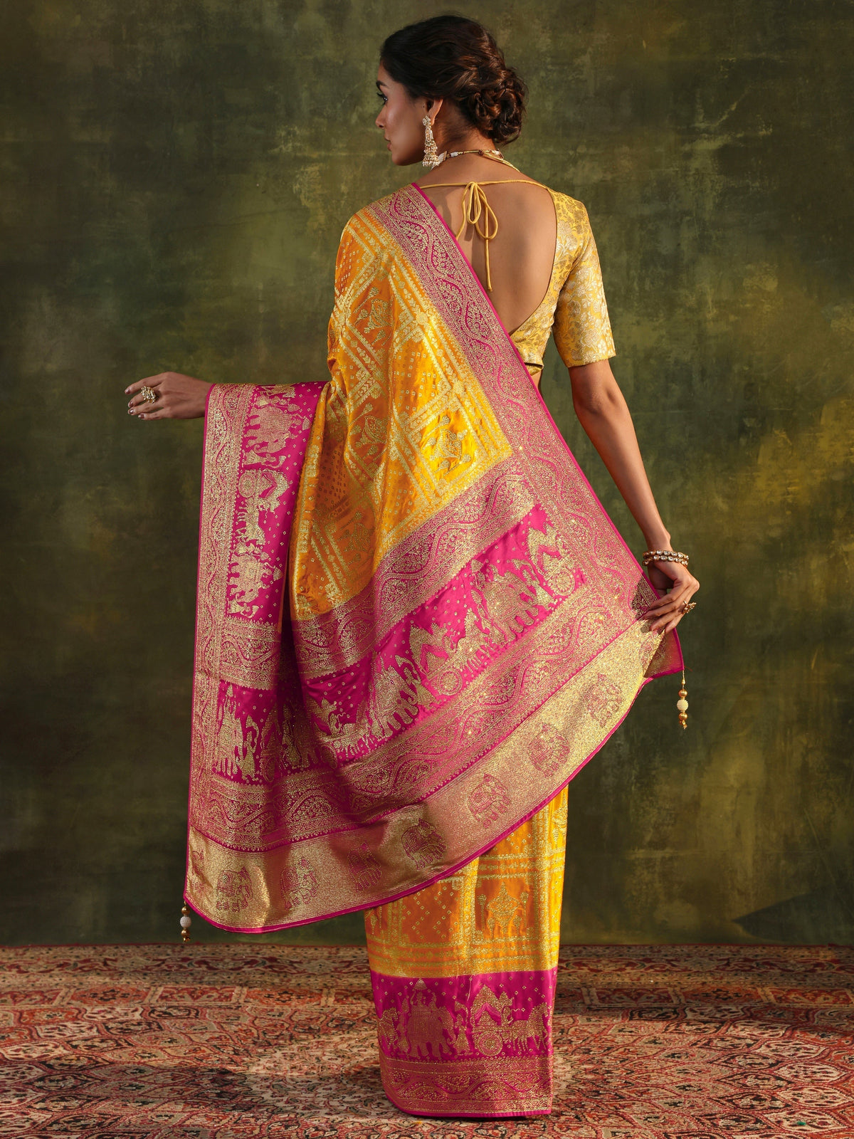 Anouk Art Mustard Embellished Satin Saree With Unstitched Blouse Piece