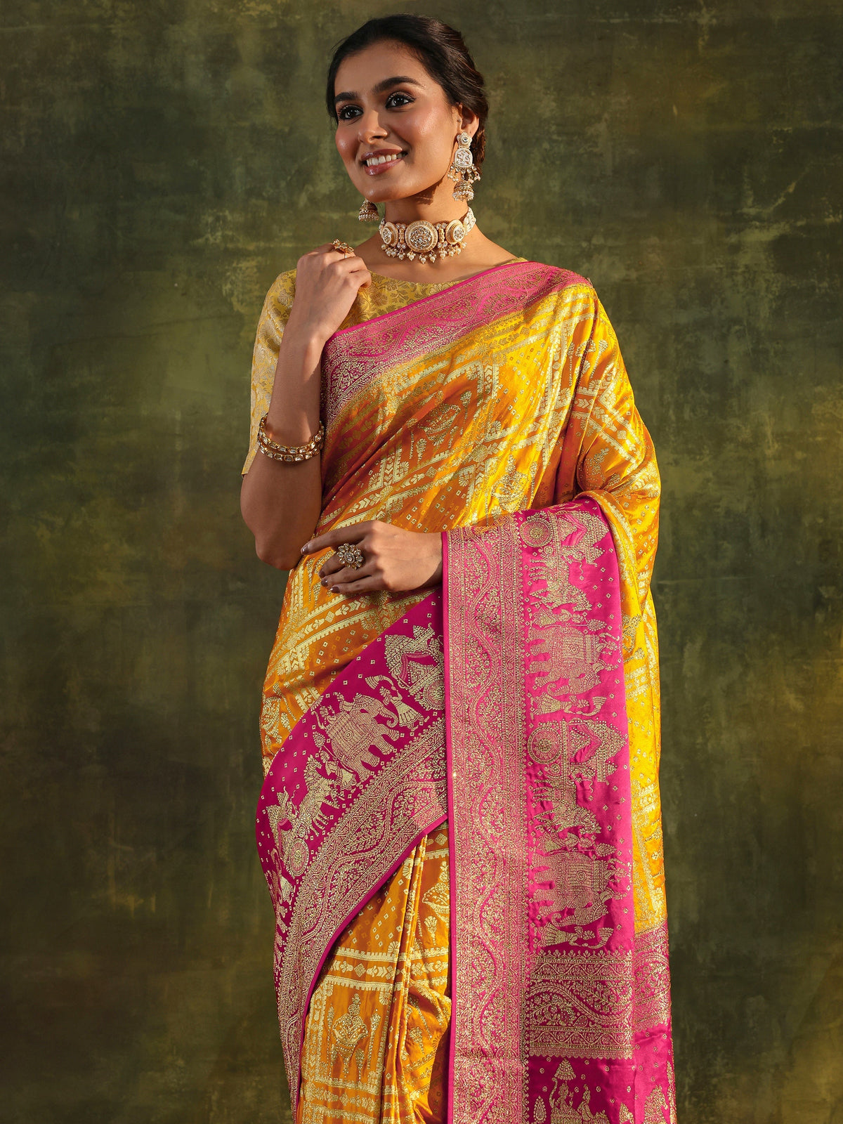 Anouk Art Mustard Embellished Satin Saree With Unstitched Blouse Piece