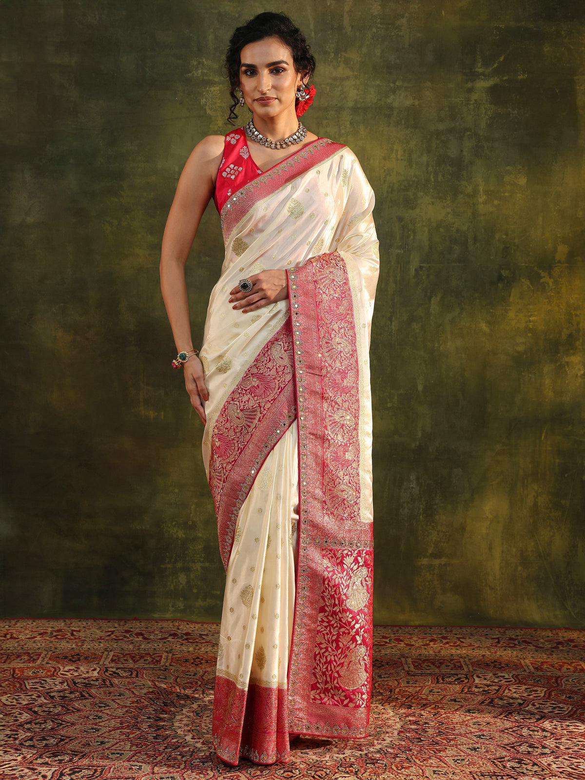 Anouk Ivory Woven Design Satin Banarasi Saree With Unstitched Blouse Piece