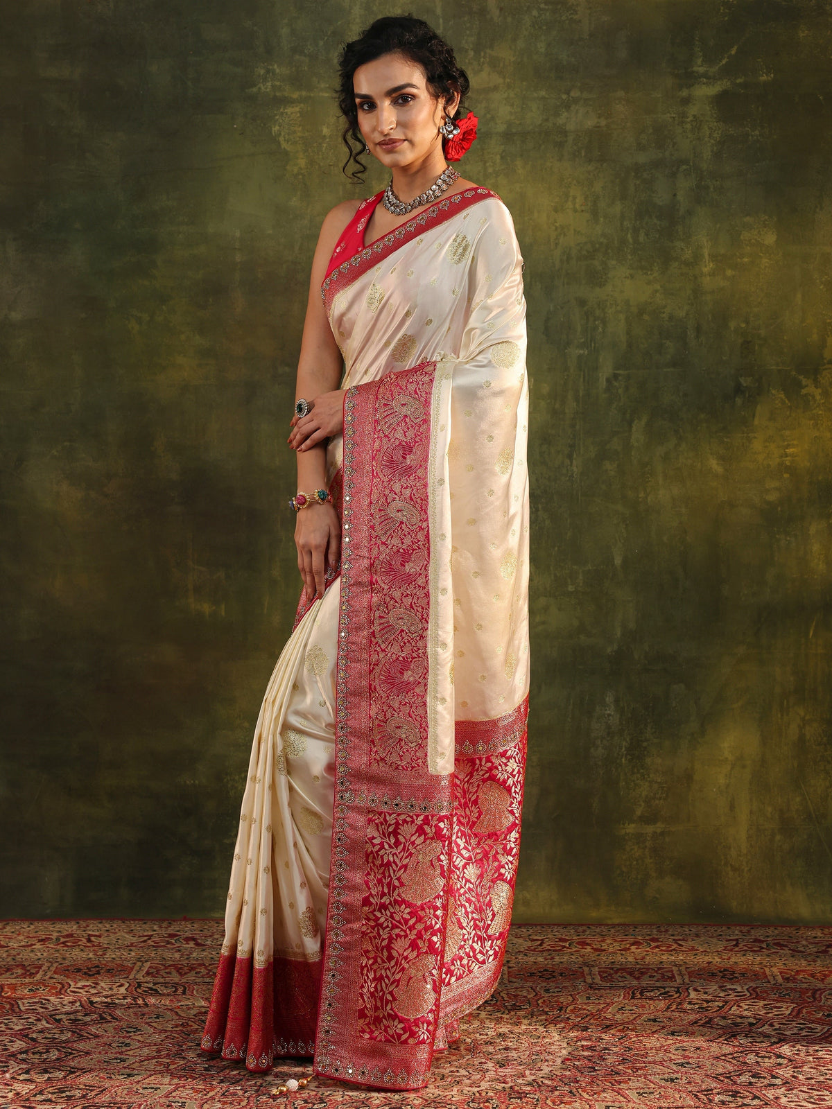Anouk Ivory Woven Design Satin Banarasi Saree With Unstitched Blouse Piece