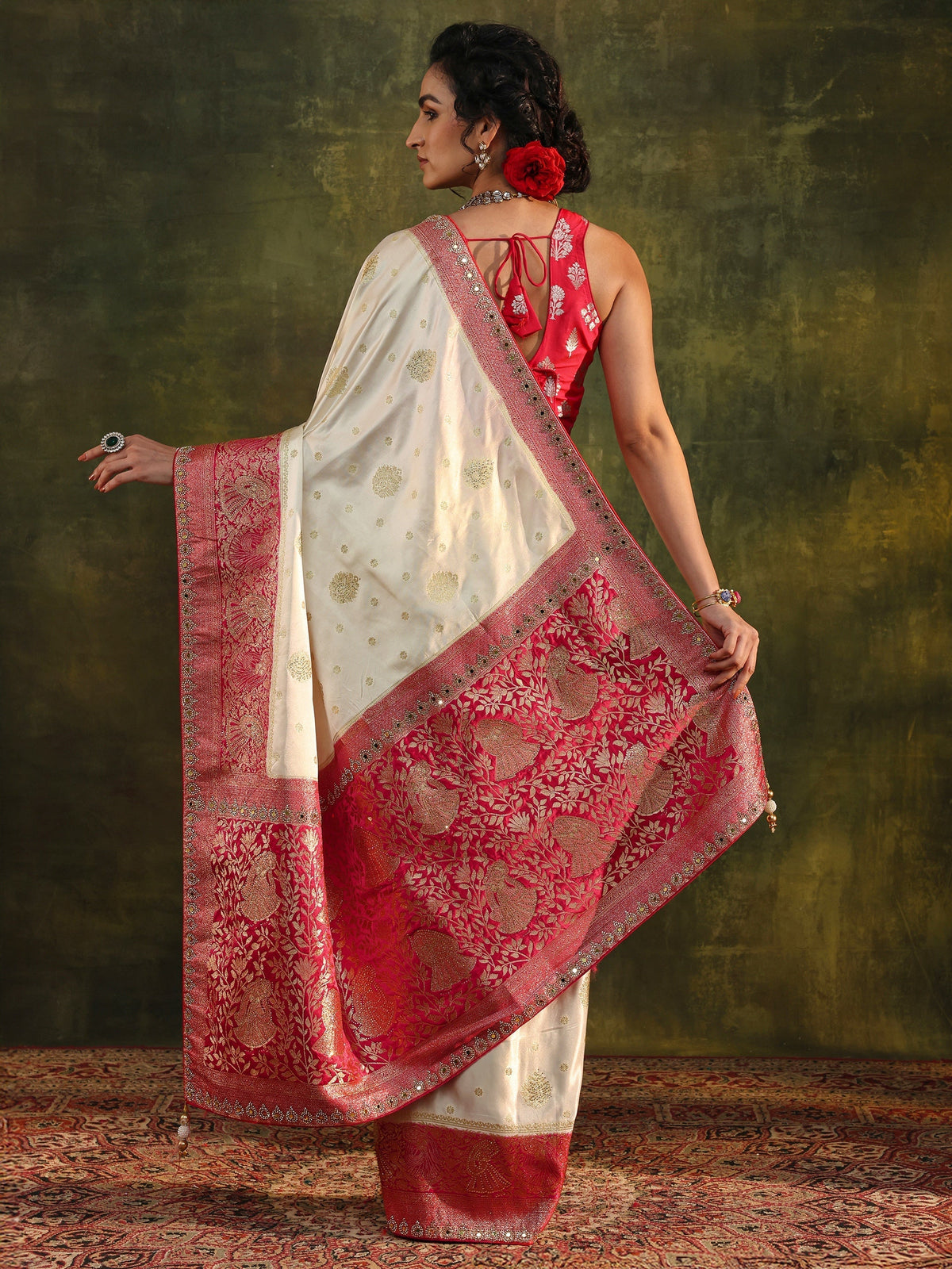 Anouk Ivory Woven Design Satin Banarasi Saree With Unstitched Blouse Piece