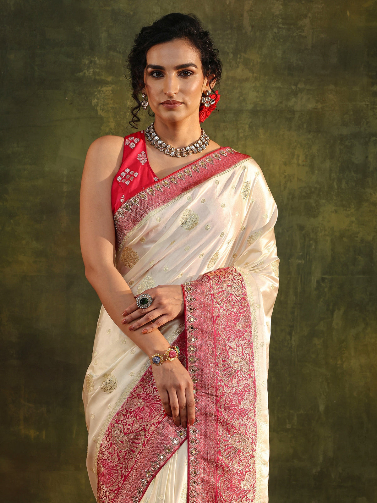 Anouk Ivory Woven Design Satin Banarasi Saree With Unstitched Blouse Piece