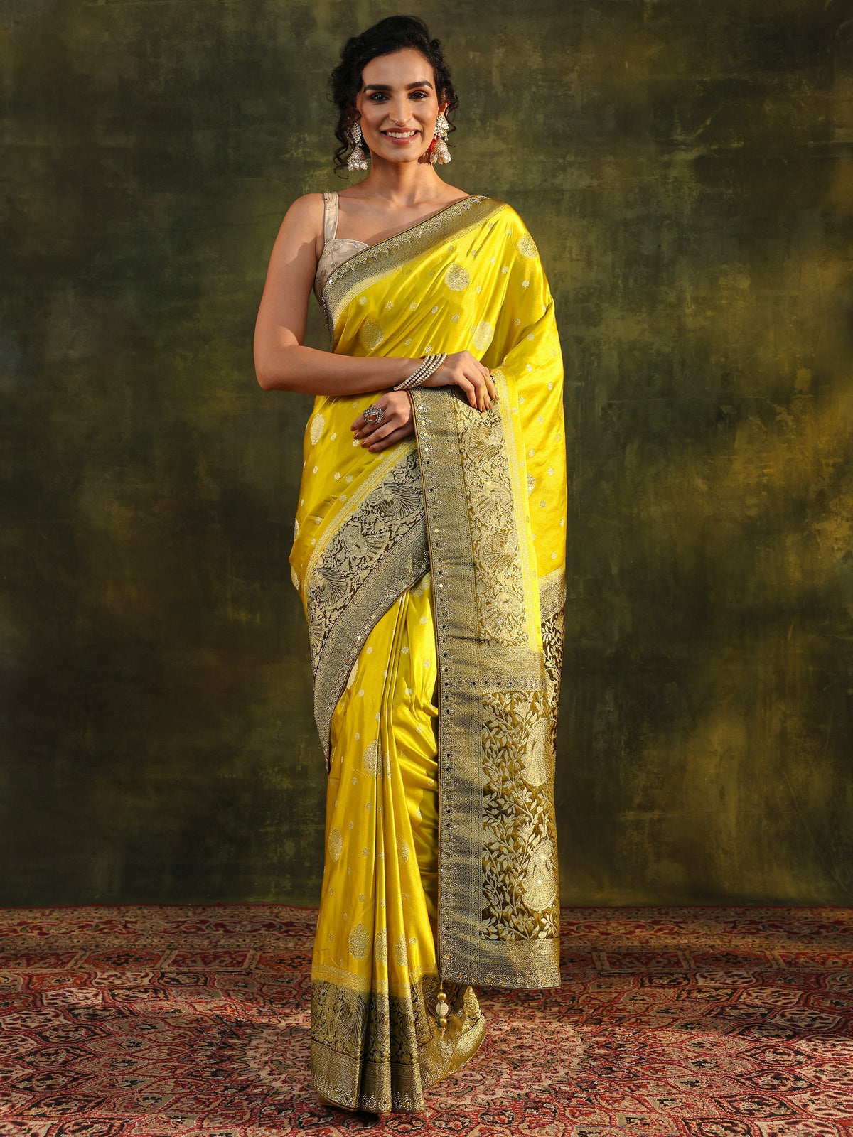 Anouk Mustard Woven Design Satin Banarasi Saree With Unstitched Blouse Piece
