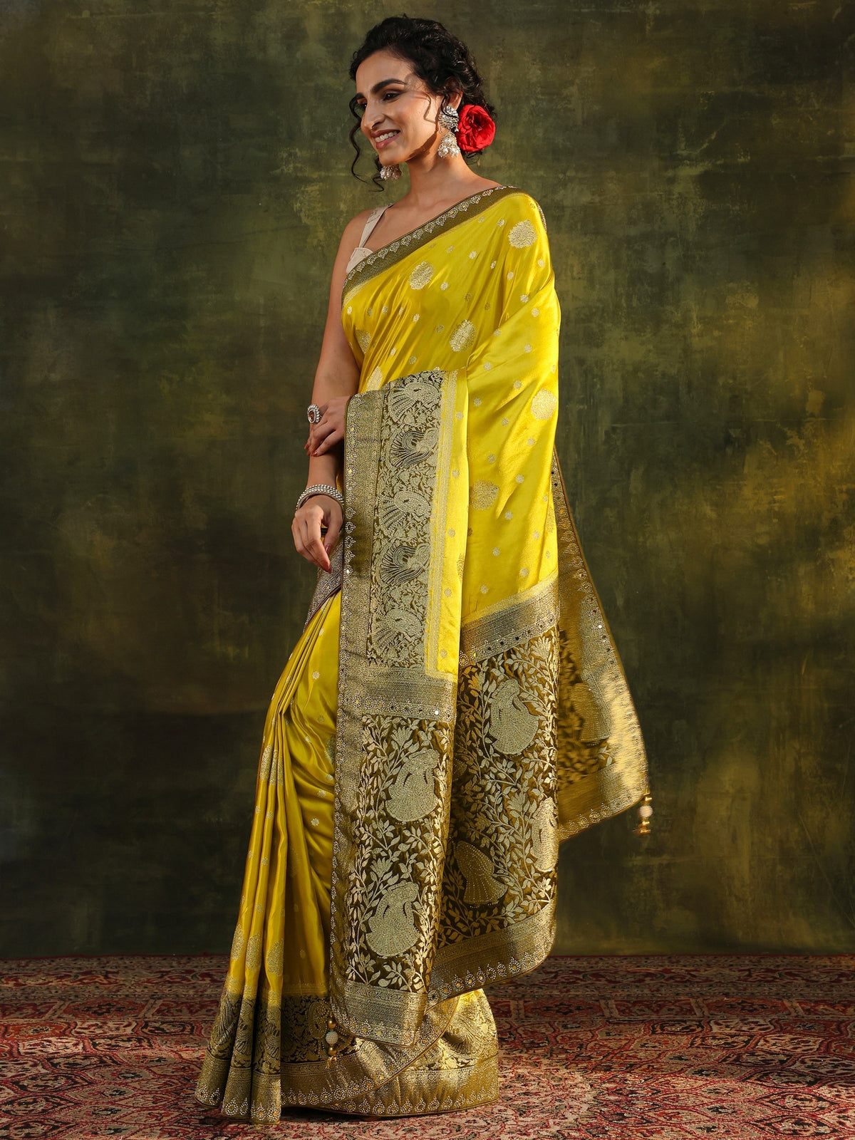 Anouk Mustard Woven Design Satin Banarasi Saree With Unstitched Blouse Piece