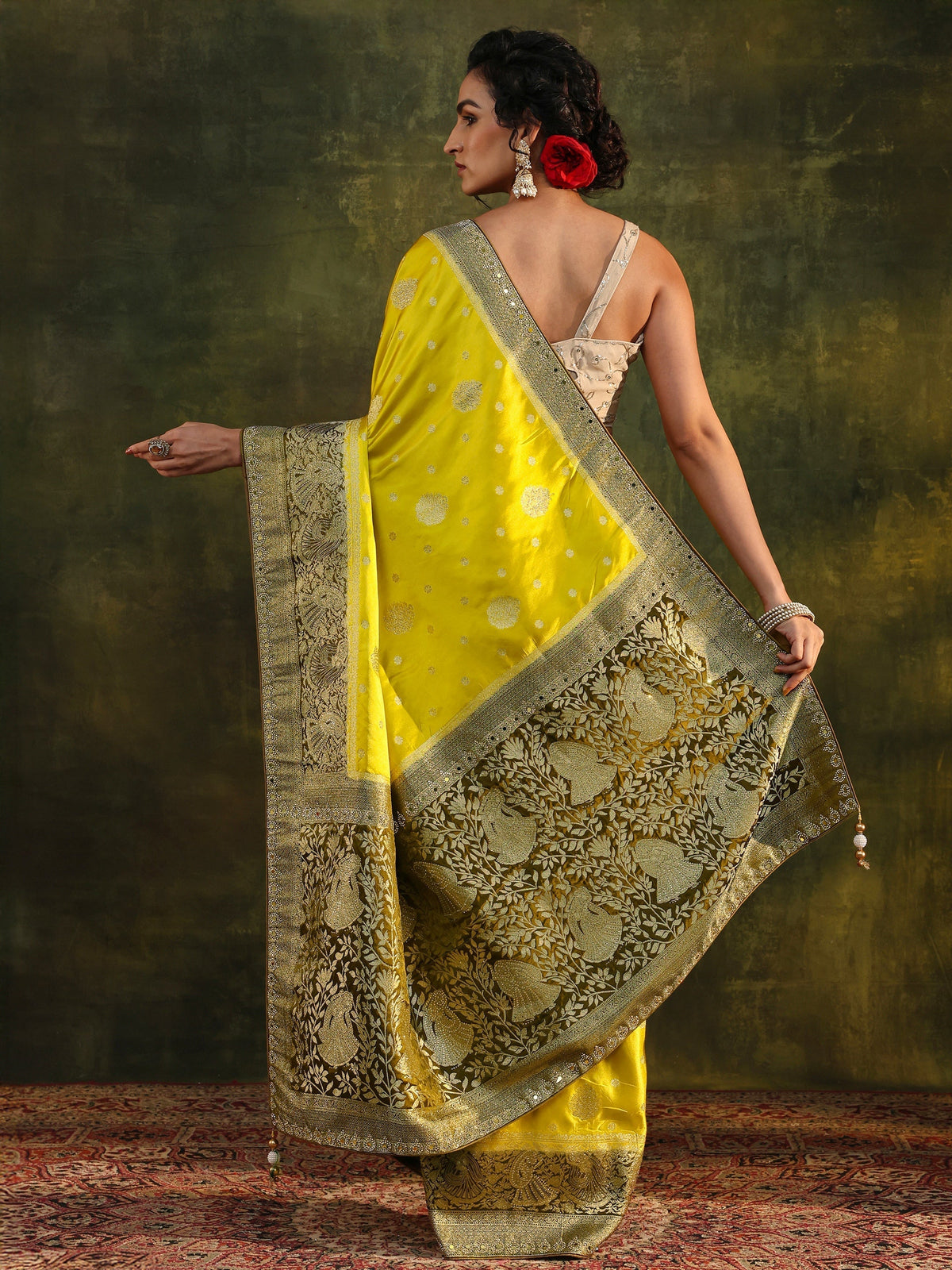Anouk Mustard Woven Design Satin Banarasi Saree With Unstitched Blouse Piece