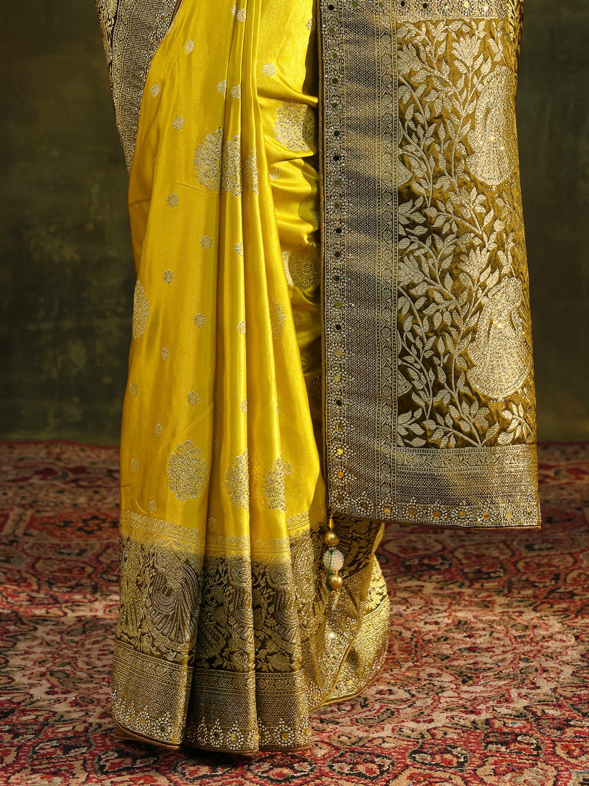 Anouk Mustard Woven Design Satin Banarasi Saree With Unstitched Blouse Piece