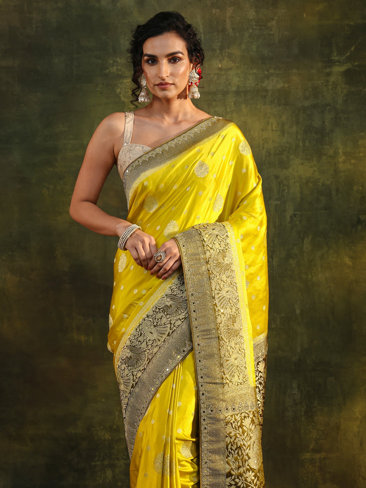 Anouk Mustard Woven Design Satin Banarasi Saree With Unstitched Blouse Piece