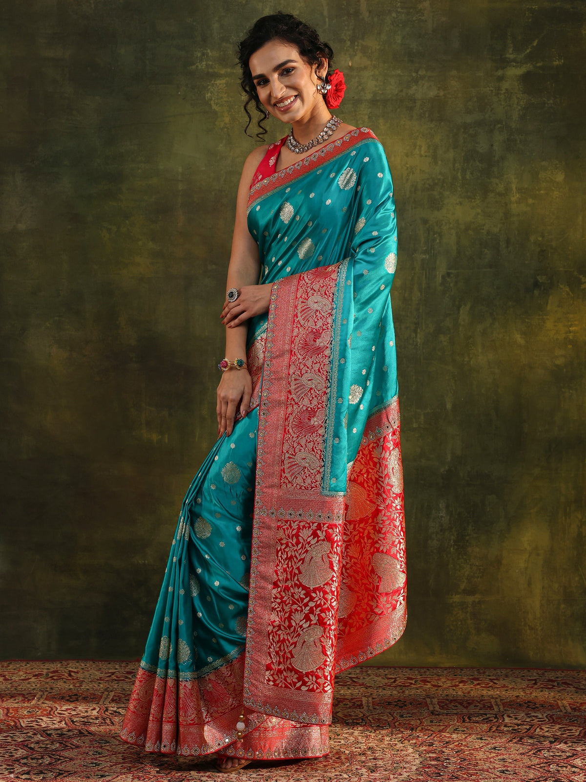 Anouk Blue Woven Design Satin Banarasi Saree With Unstitched Blouse Piece