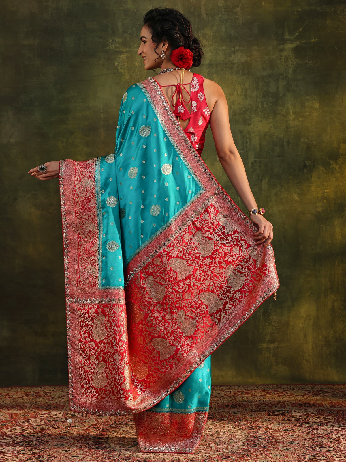 Anouk Blue Woven Design Satin Banarasi Saree With Unstitched Blouse Piece
