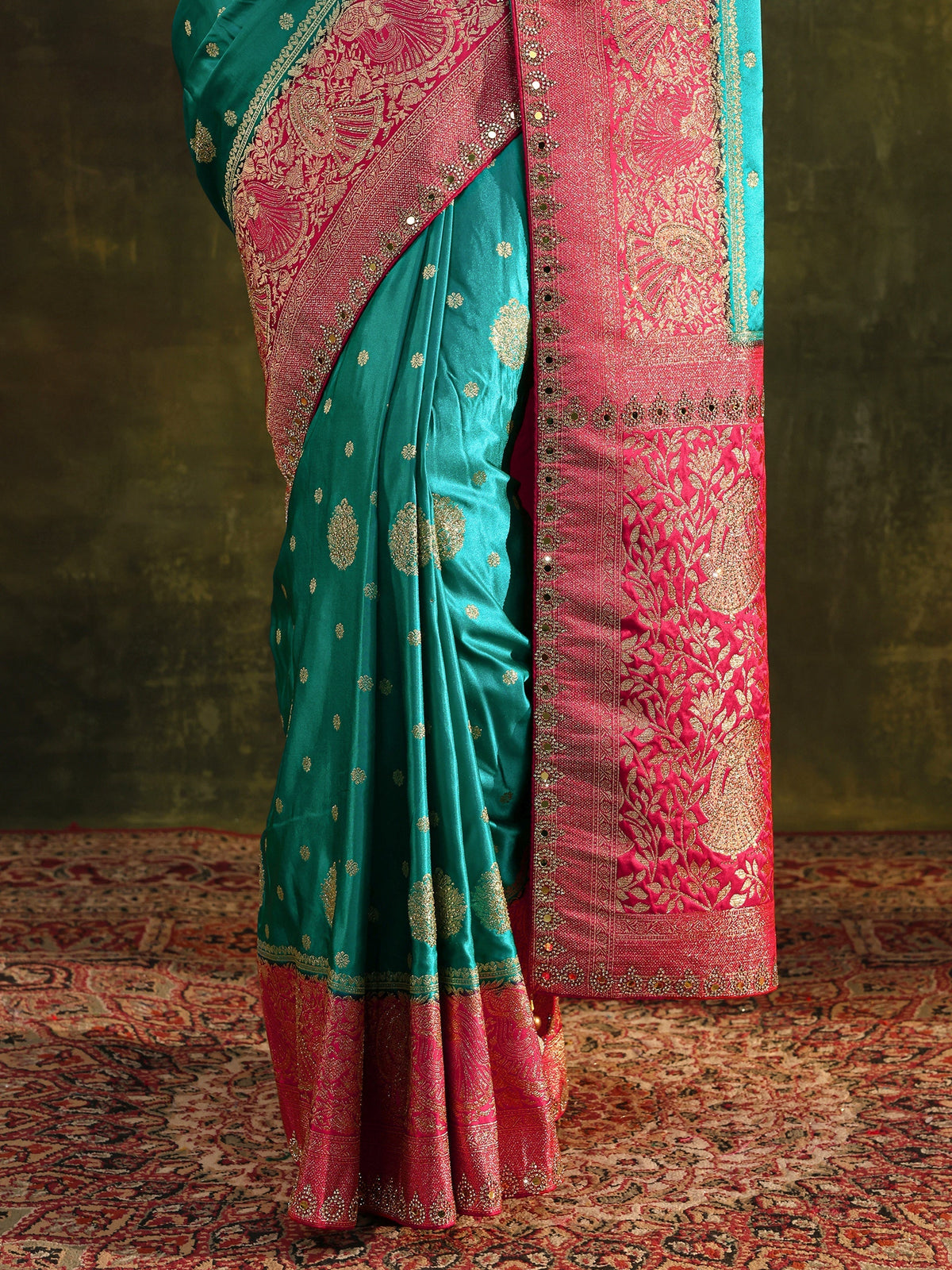 Anouk Blue Woven Design Satin Banarasi Saree With Unstitched Blouse Piece