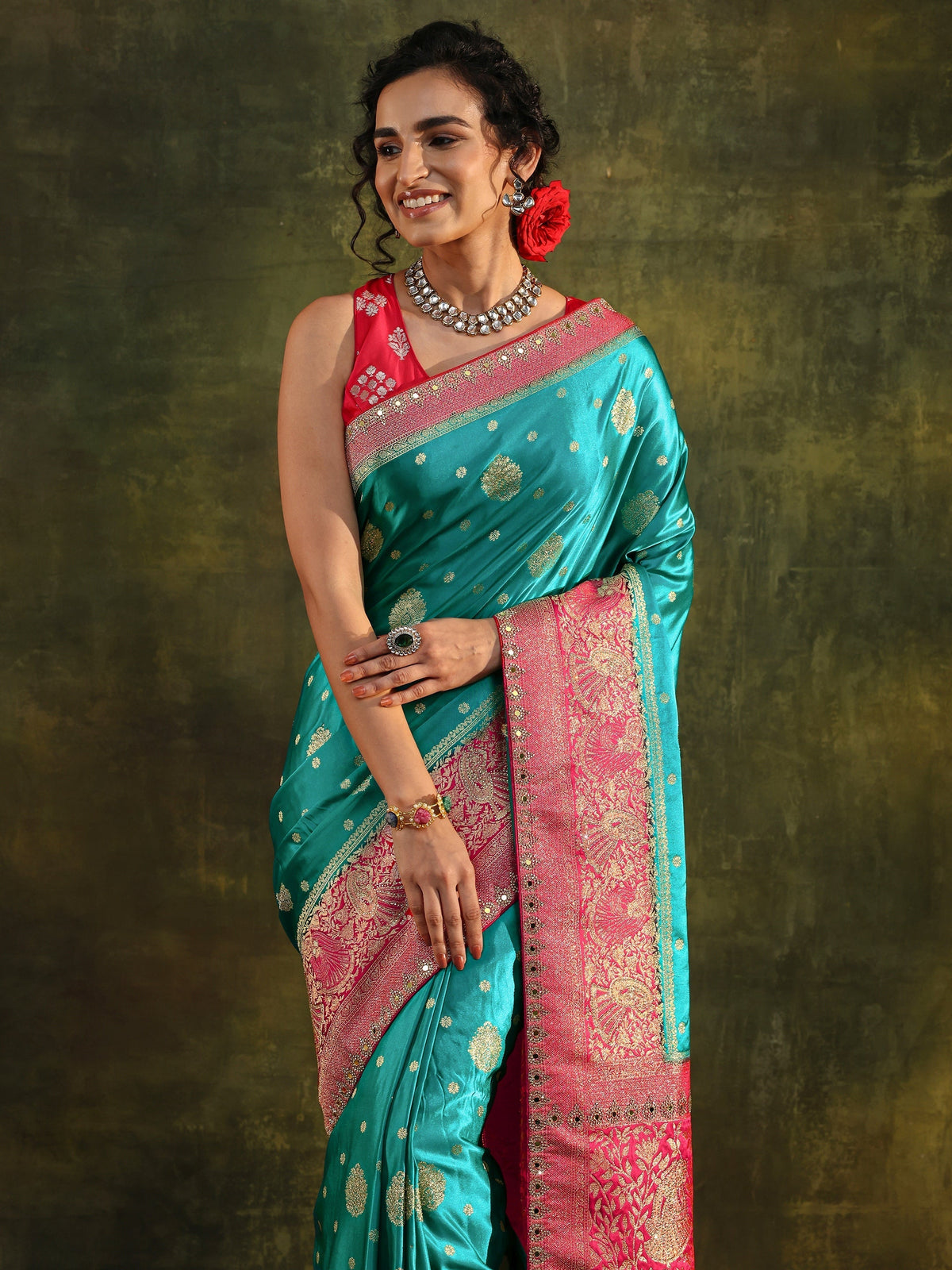 Anouk Blue Woven Design Satin Banarasi Saree With Unstitched Blouse Piece
