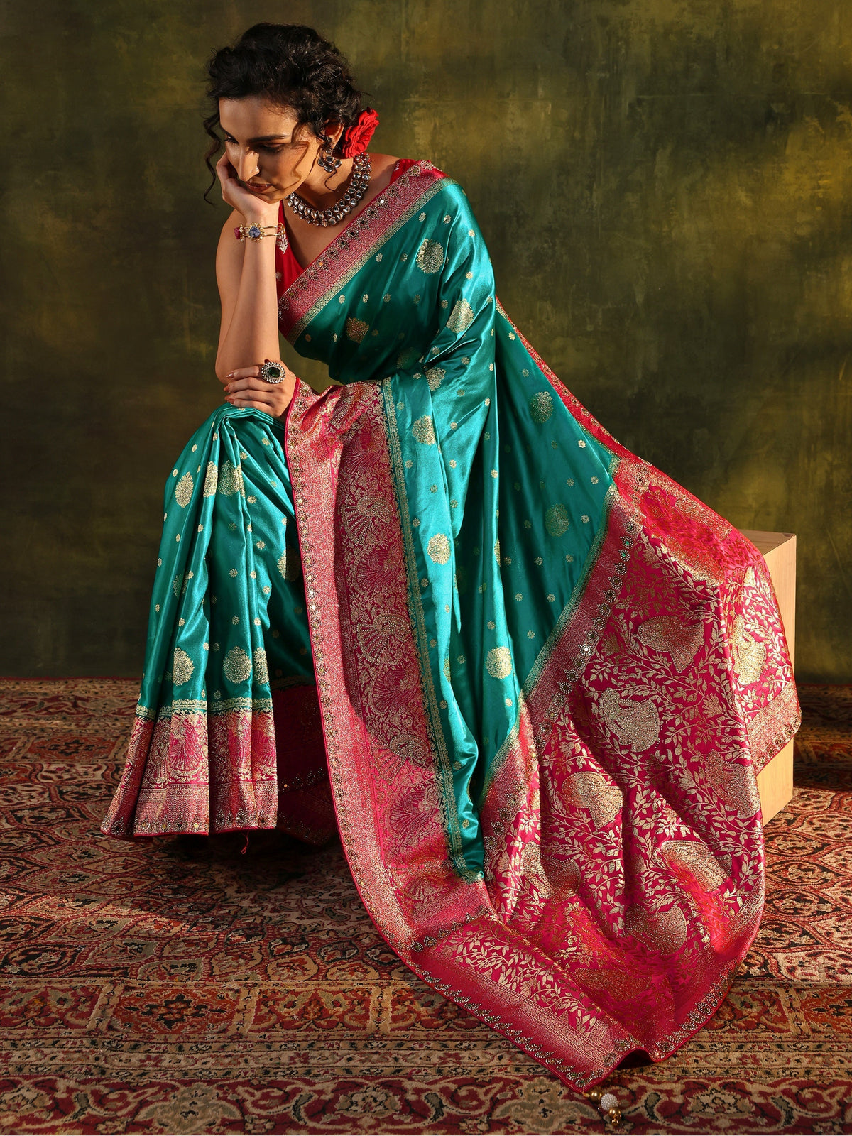 Anouk Blue Woven Design Satin Banarasi Saree With Unstitched Blouse Piece