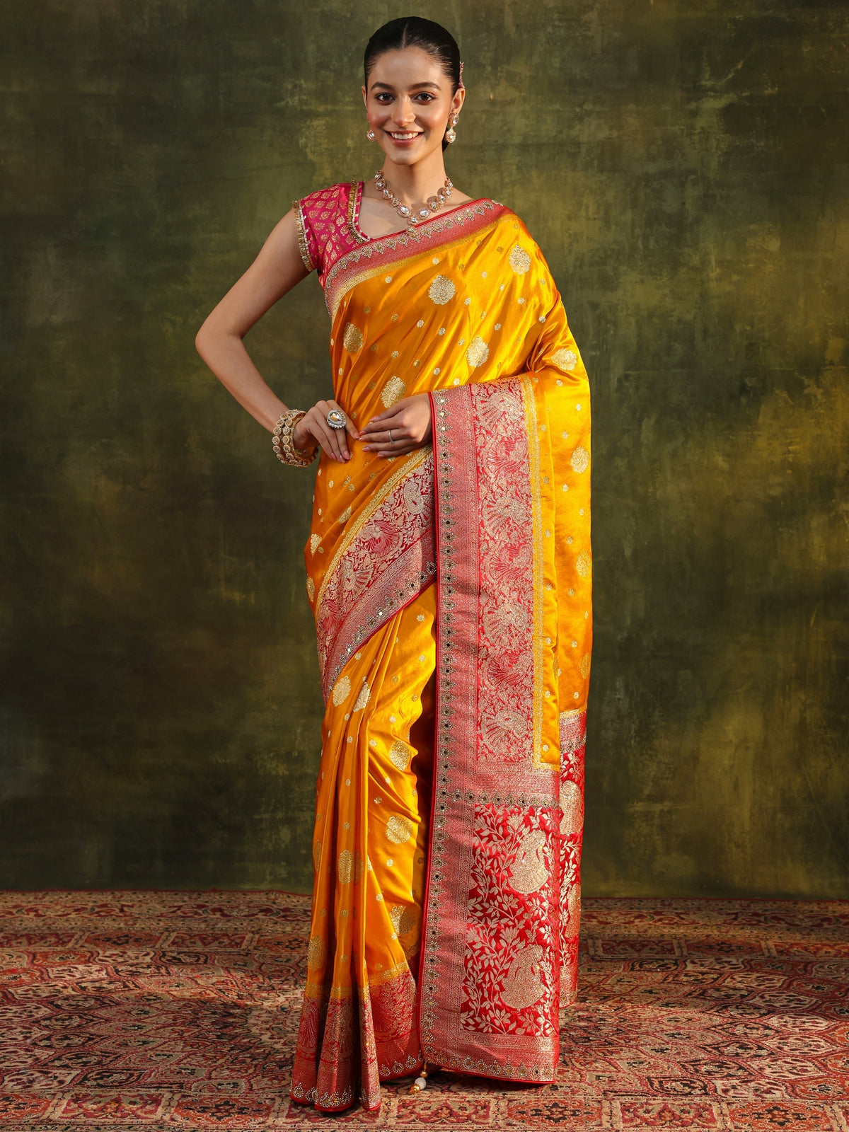 Anouk Mustard Woven Design Satin Banarasi Saree With Unstitched Blouse Piece