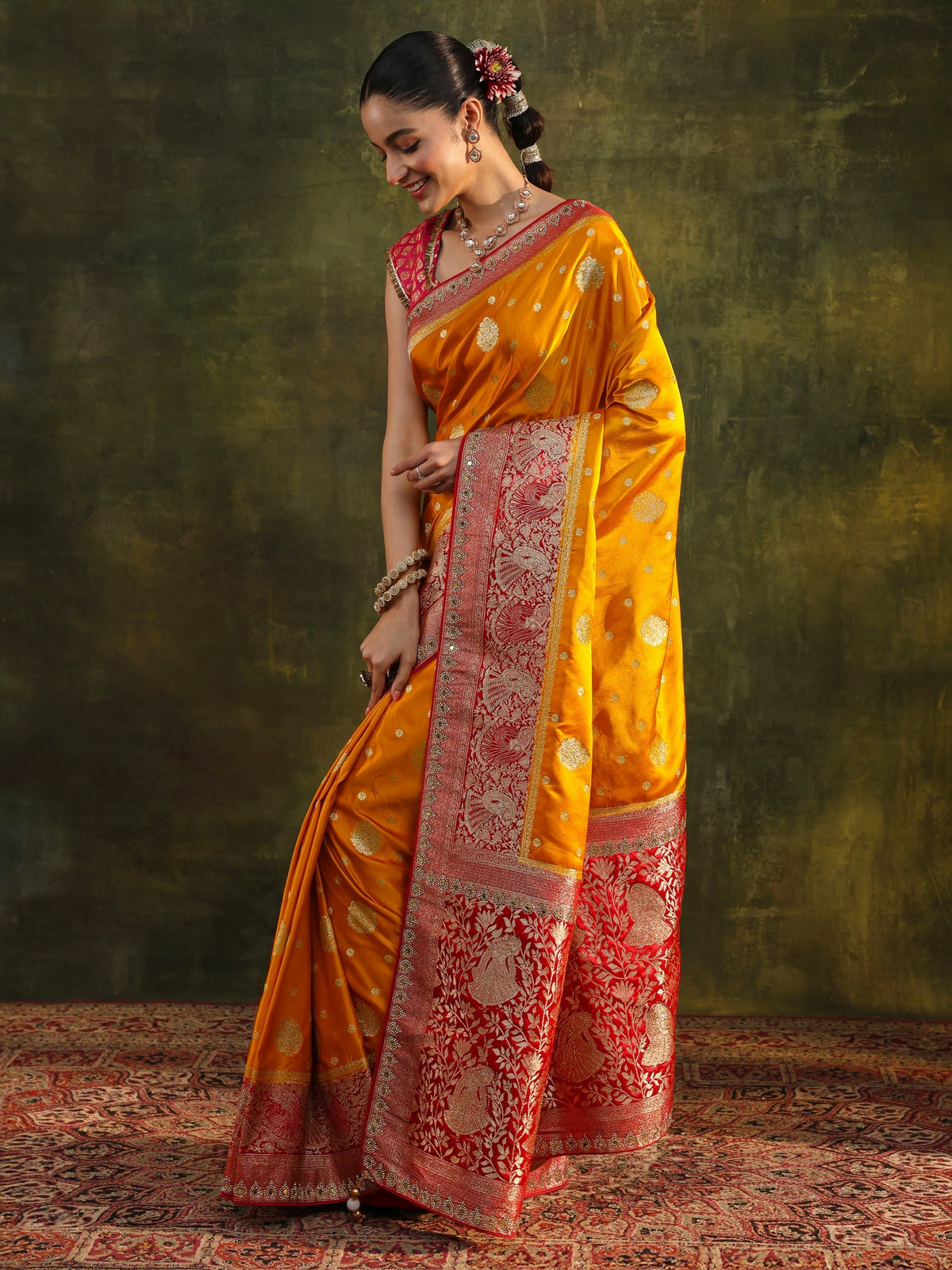 Anouk Mustard Woven Design Satin Banarasi Saree With Unstitched Blouse Piece