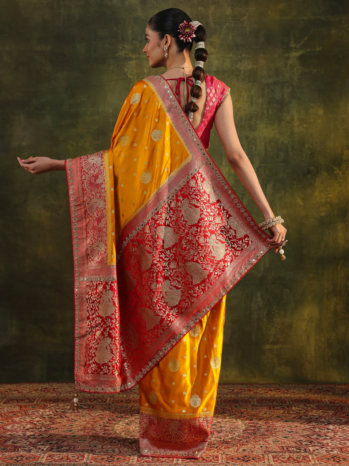 Anouk Mustard Woven Design Satin Banarasi Saree With Unstitched Blouse Piece