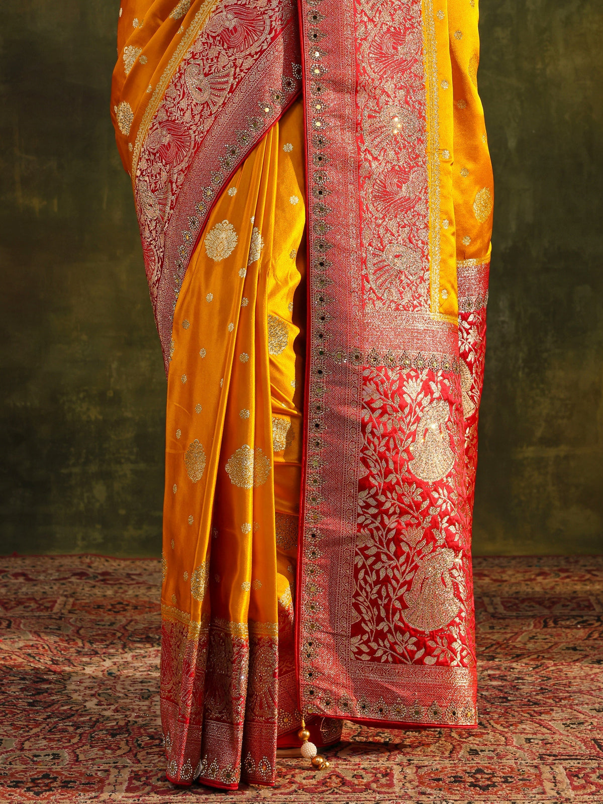 Anouk Mustard Woven Design Satin Banarasi Saree With Unstitched Blouse Piece