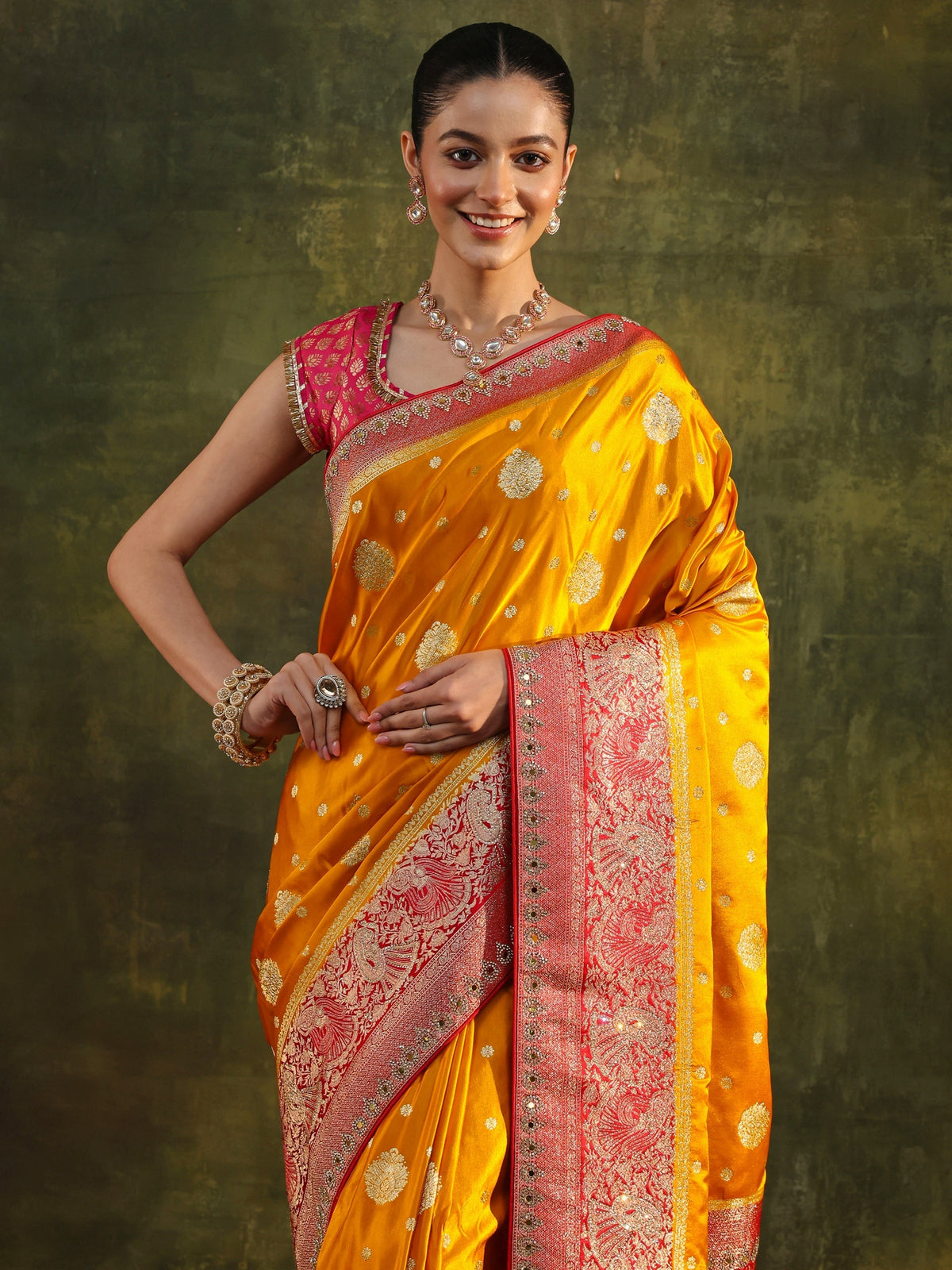 Anouk Mustard Woven Design Satin Banarasi Saree With Unstitched Blouse Piece
